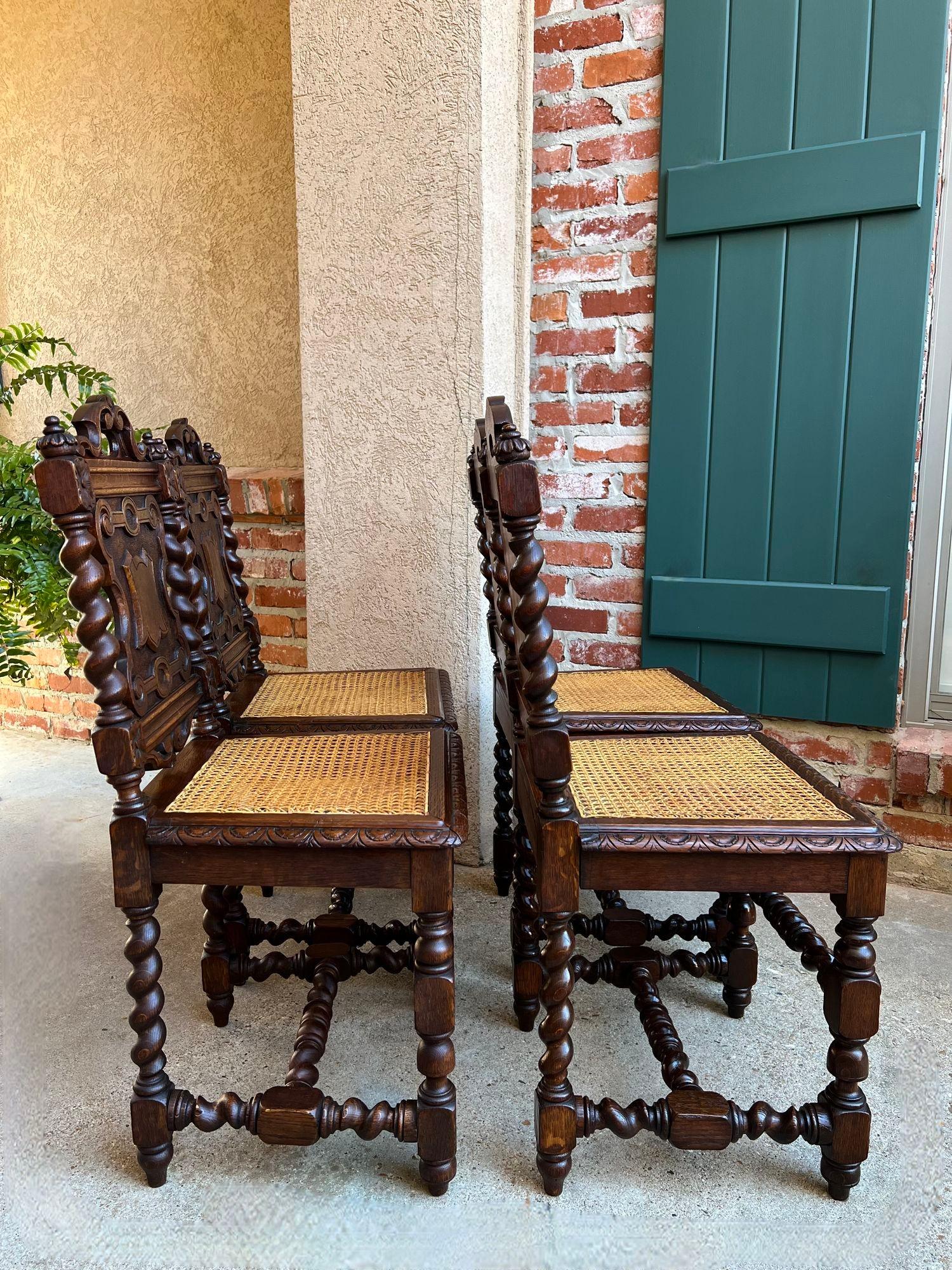 Set 4 Antique French Dining Chairs Barley Twist Cane Seat Carved Oak c1920 1
