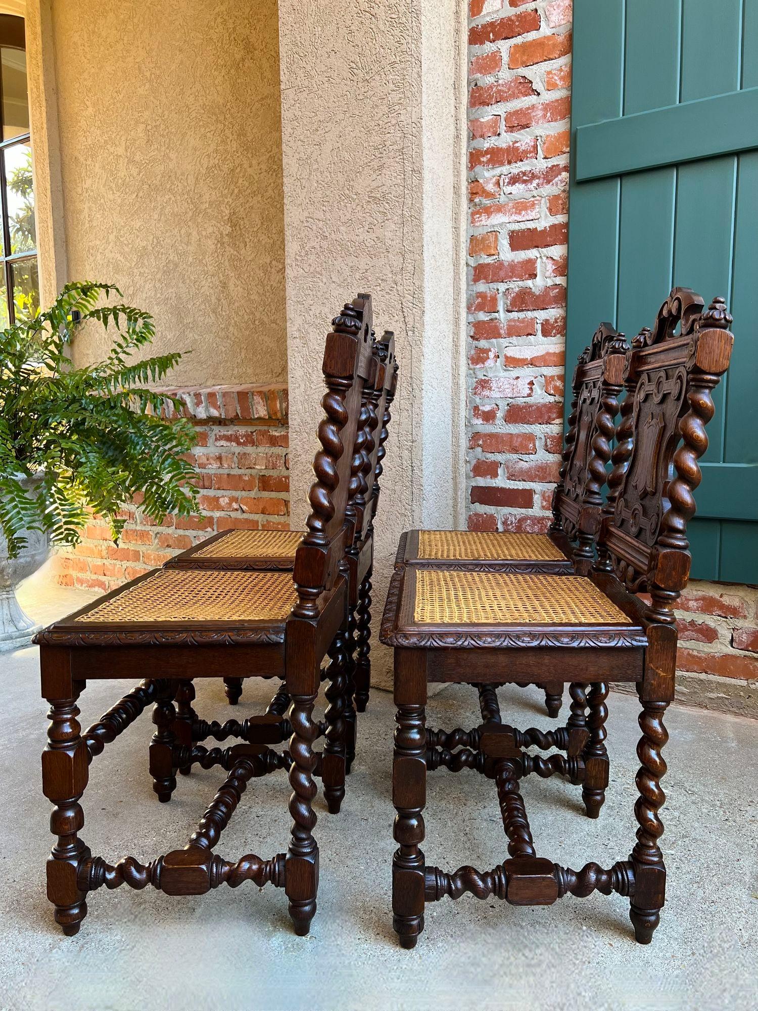 Set 4 Antique French Dining Chairs Barley Twist Cane Seat Carved Oak c1920 2