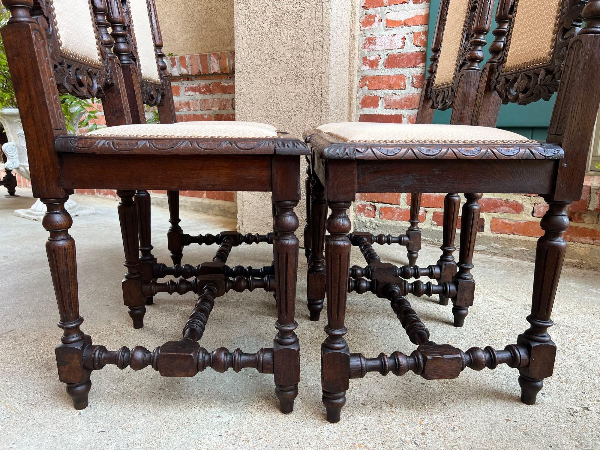 Set 4 Antique French Dining Chairs Renaissance Carved Oak Bird Black Forest For Sale 4