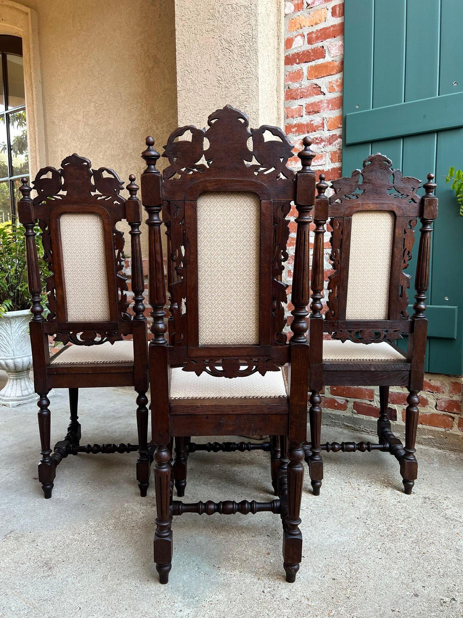 Set 4 Antique French Dining Chairs Renaissance Carved Oak Bird Black Forest For Sale 5