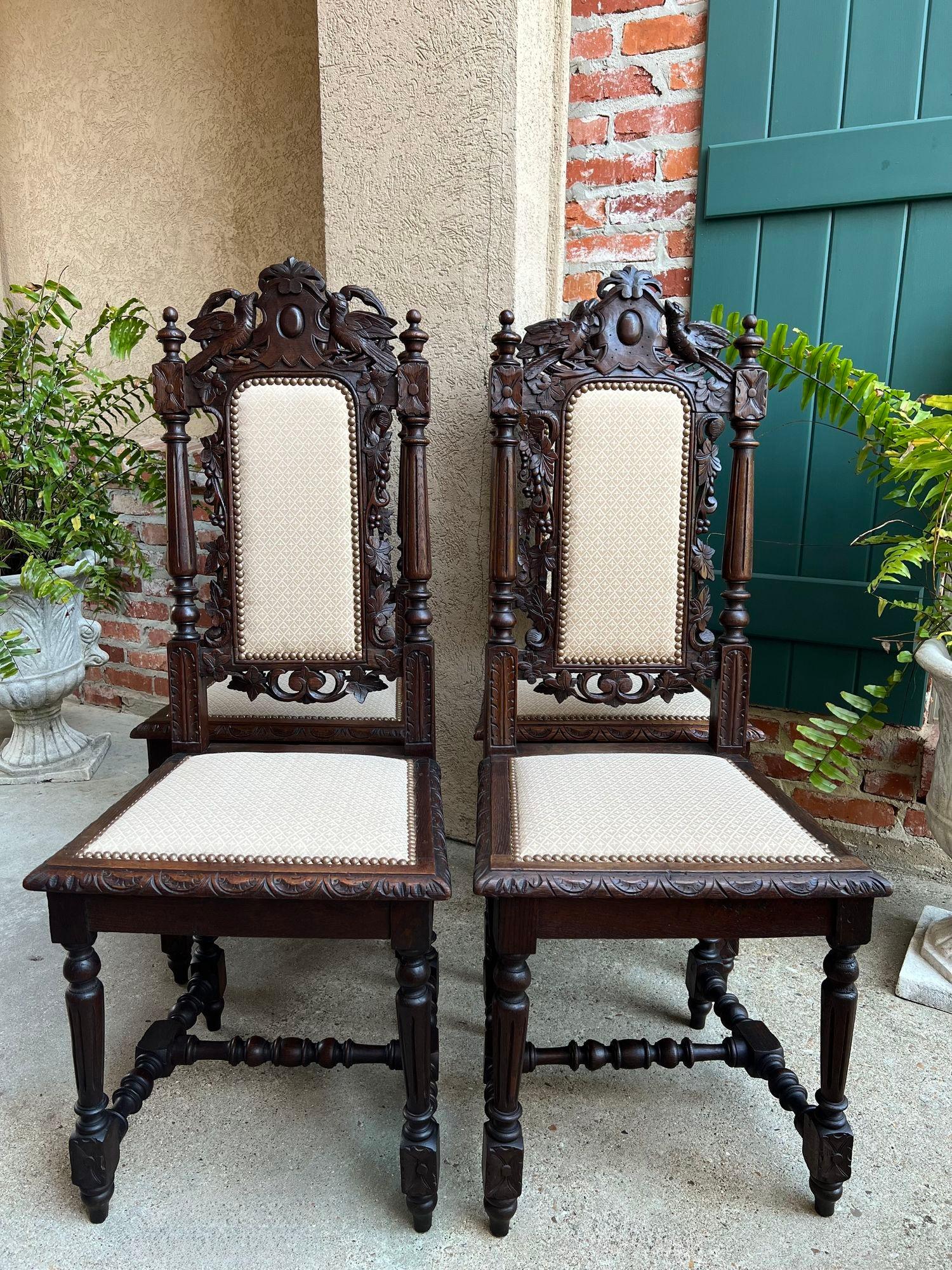 Set 4 Antique French Dining Chairs Renaissance Carved Oak Bird Black Forest For Sale 6