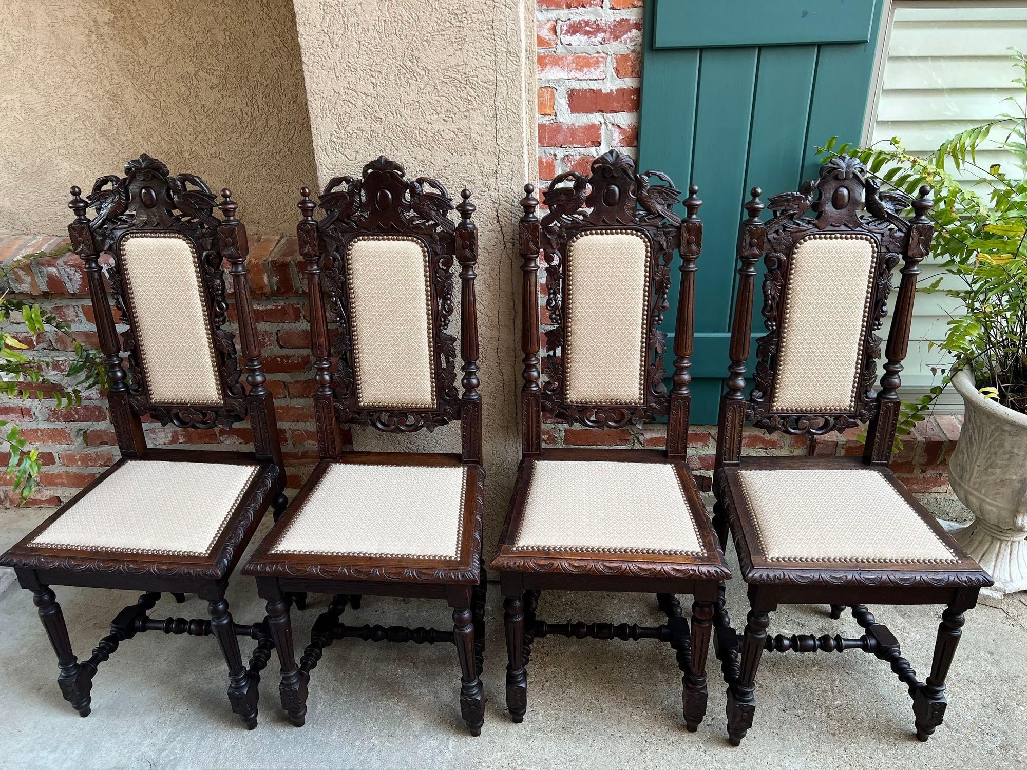 Set 4 Antique French Dining Chairs Renaissance Carved Oak Bird Black Forest For Sale 7