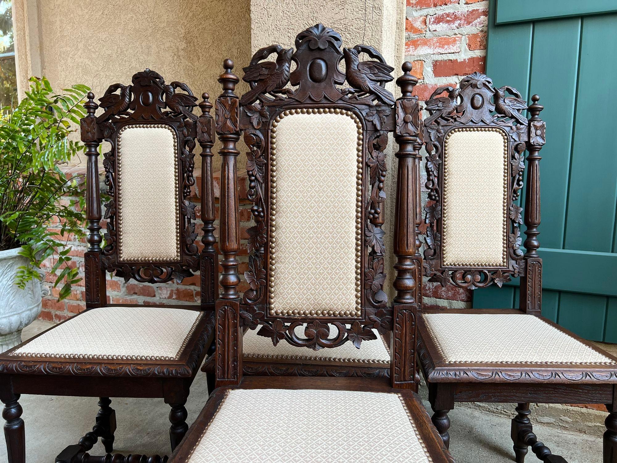 Set 4 Antique French Dining Chairs Renaissance Carved Oak Bird Black Forest For Sale 8