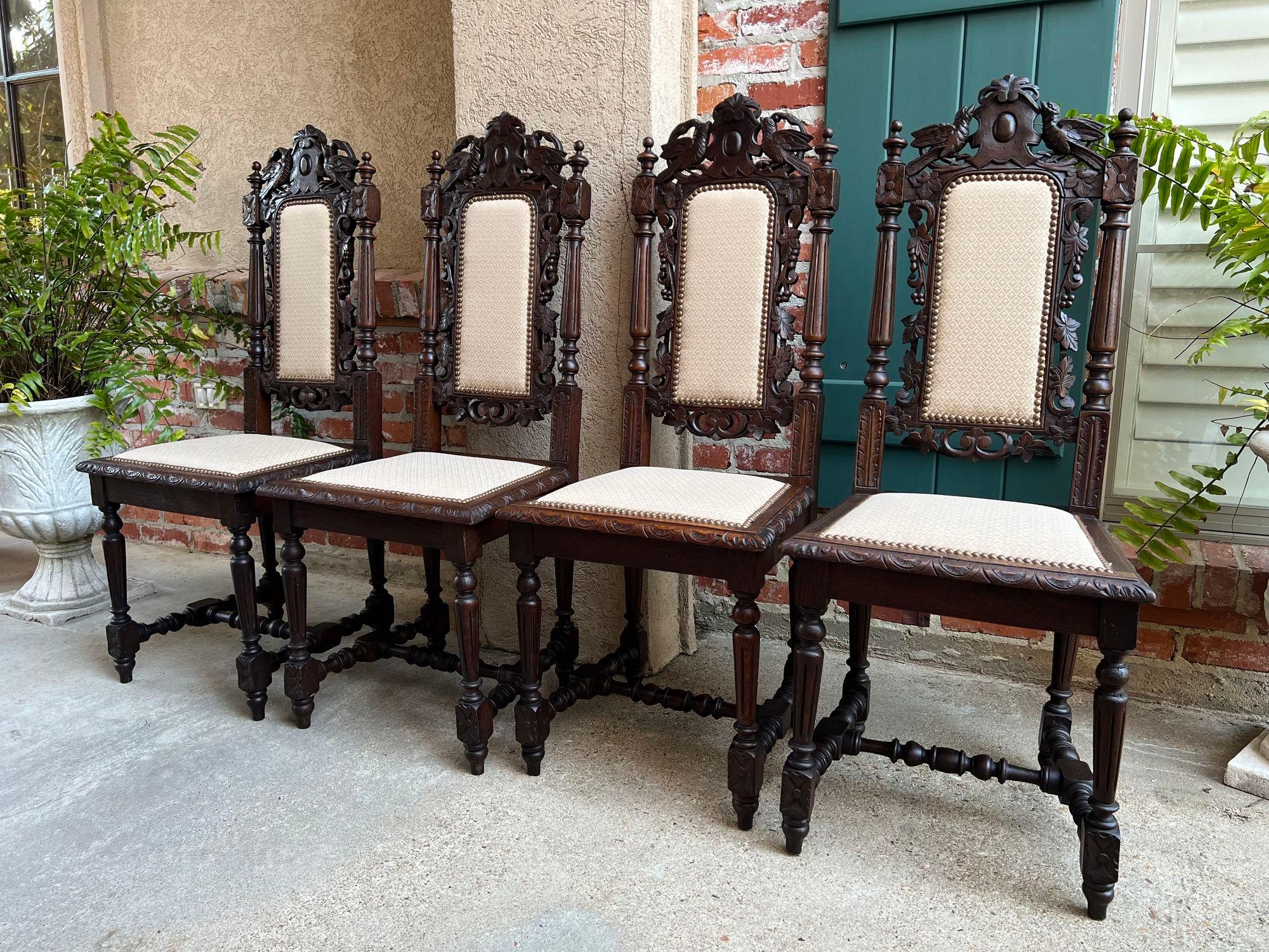 French Provincial Set 4 Antique French Dining Chairs Renaissance Carved Oak Bird Black Forest For Sale