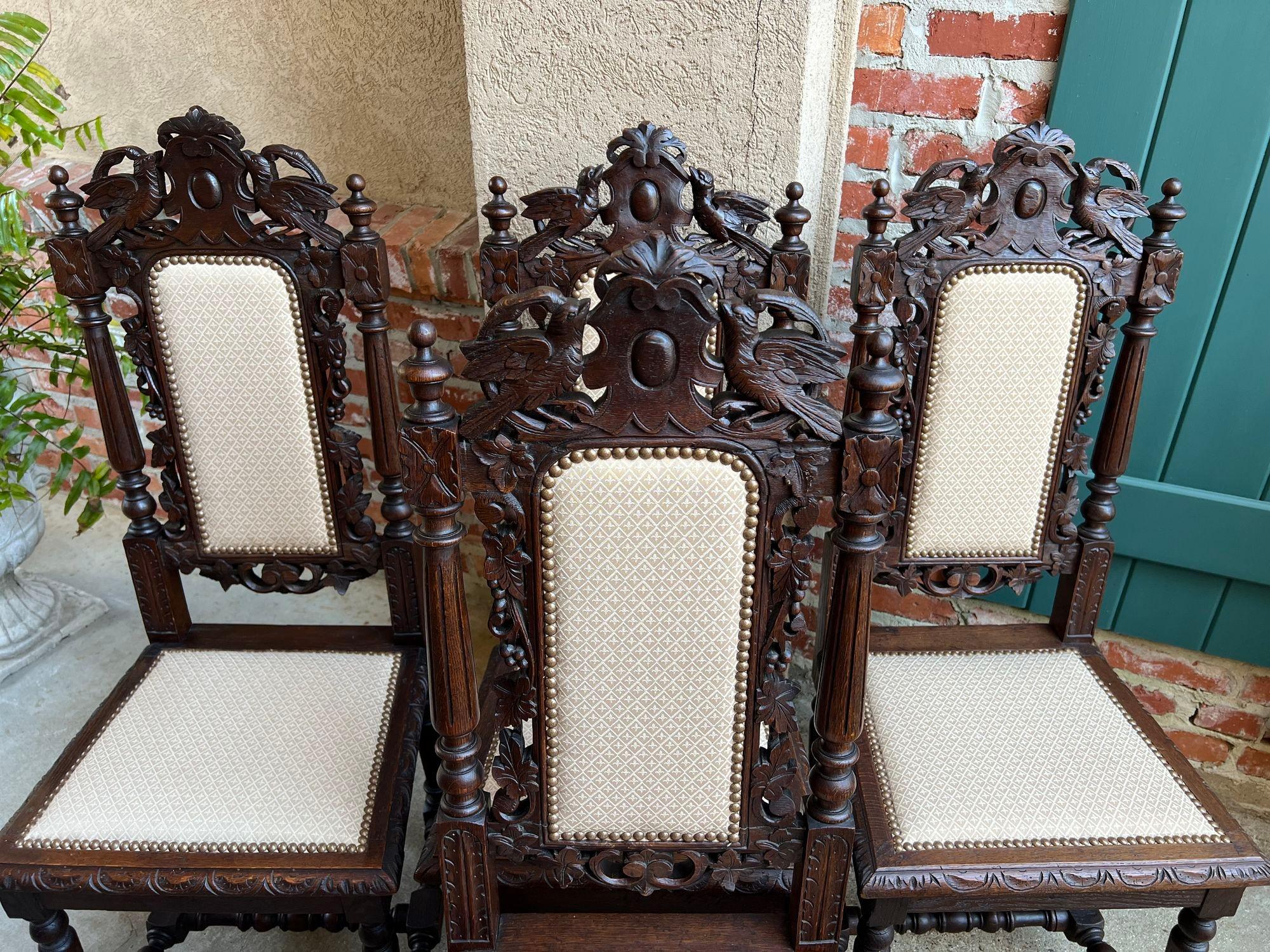 Hand-Crafted Set 4 Antique French Dining Chairs Renaissance Carved Oak Bird Black Forest For Sale