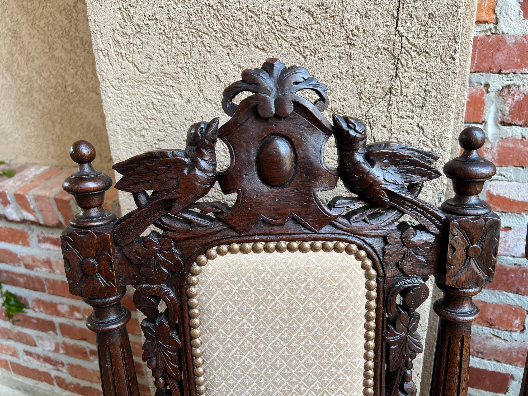19th Century Set 4 Antique French Dining Chairs Renaissance Carved Oak Bird Black Forest For Sale