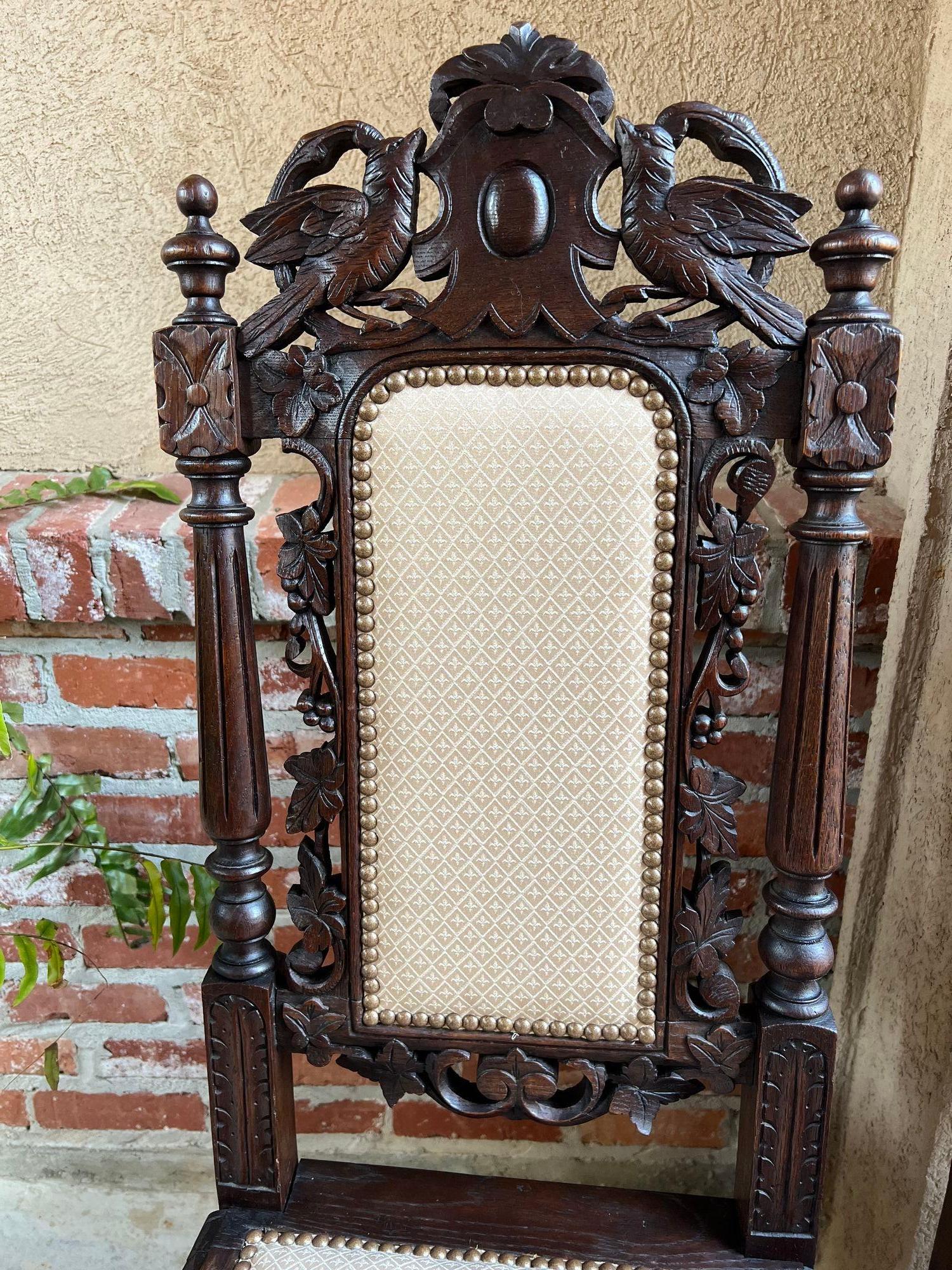 Textile Set 4 Antique French Dining Chairs Renaissance Carved Oak Bird Black Forest For Sale