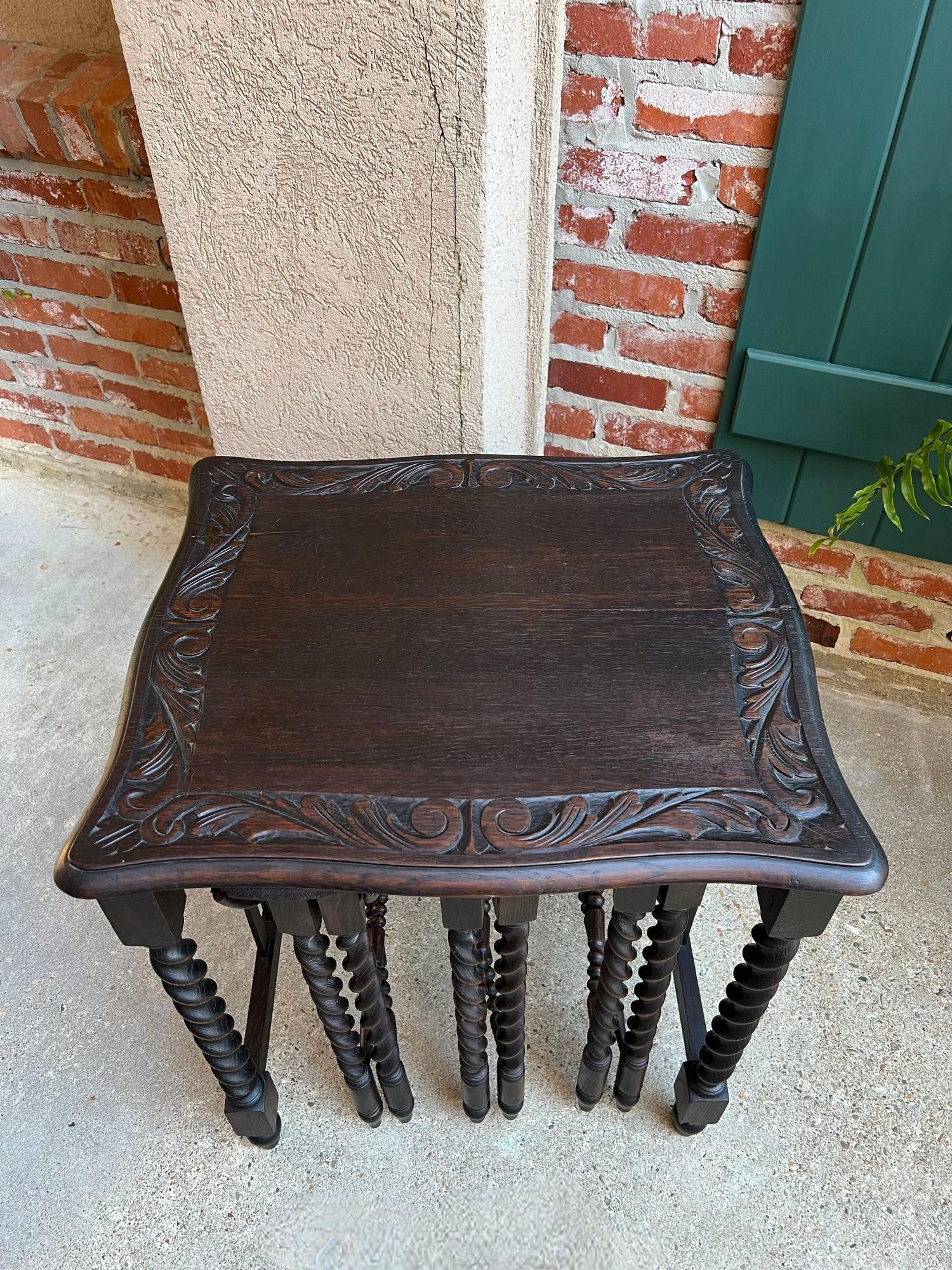 SET 4 Antique French Drop Leaf Nesting TABLE BARLEY TWIST Folding End Carved Oak For Sale 5