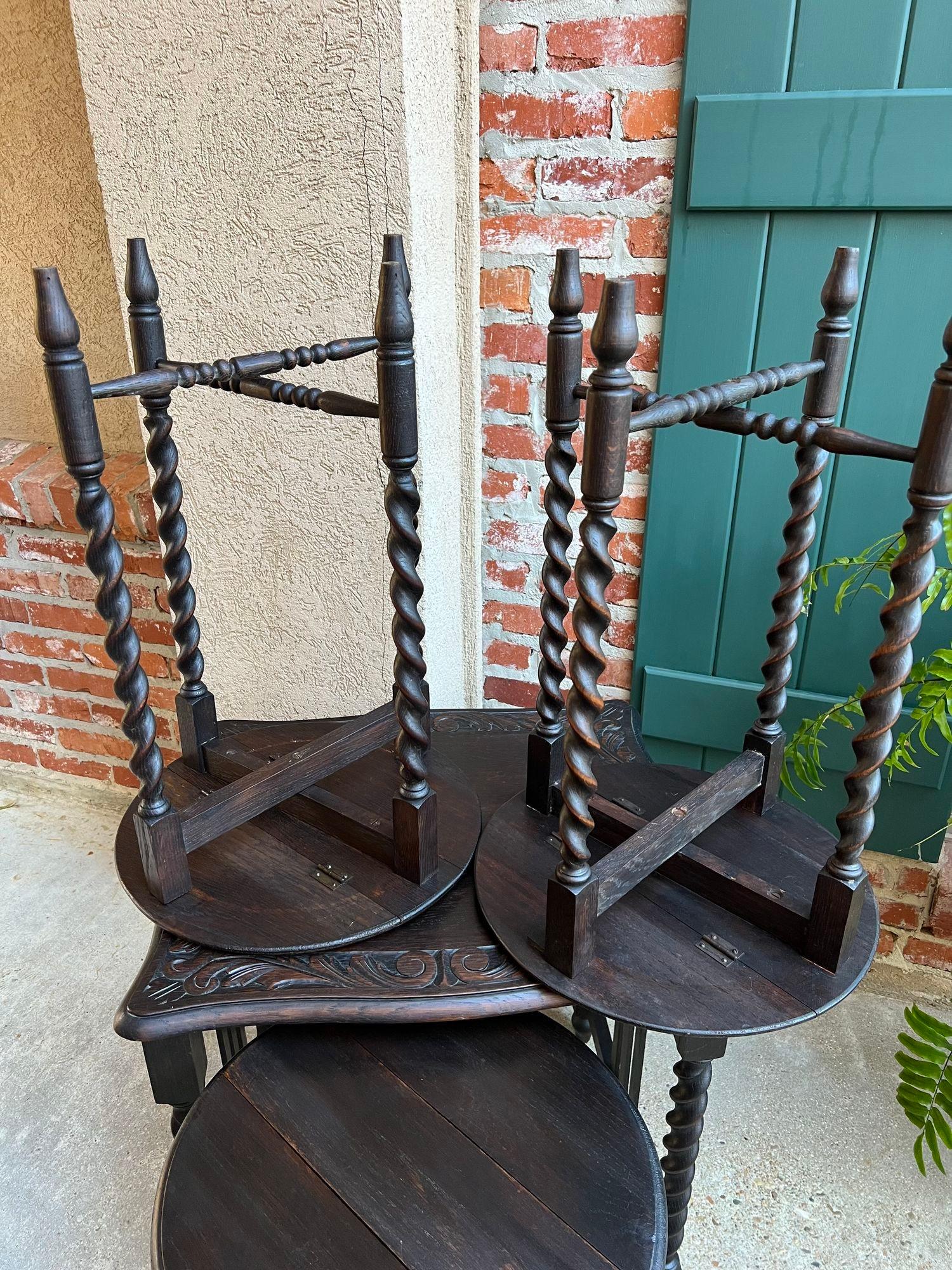 SET 4 Antique French Drop Leaf Nesting TABLE BARLEY TWIST Folding End Carved Oak For Sale 7