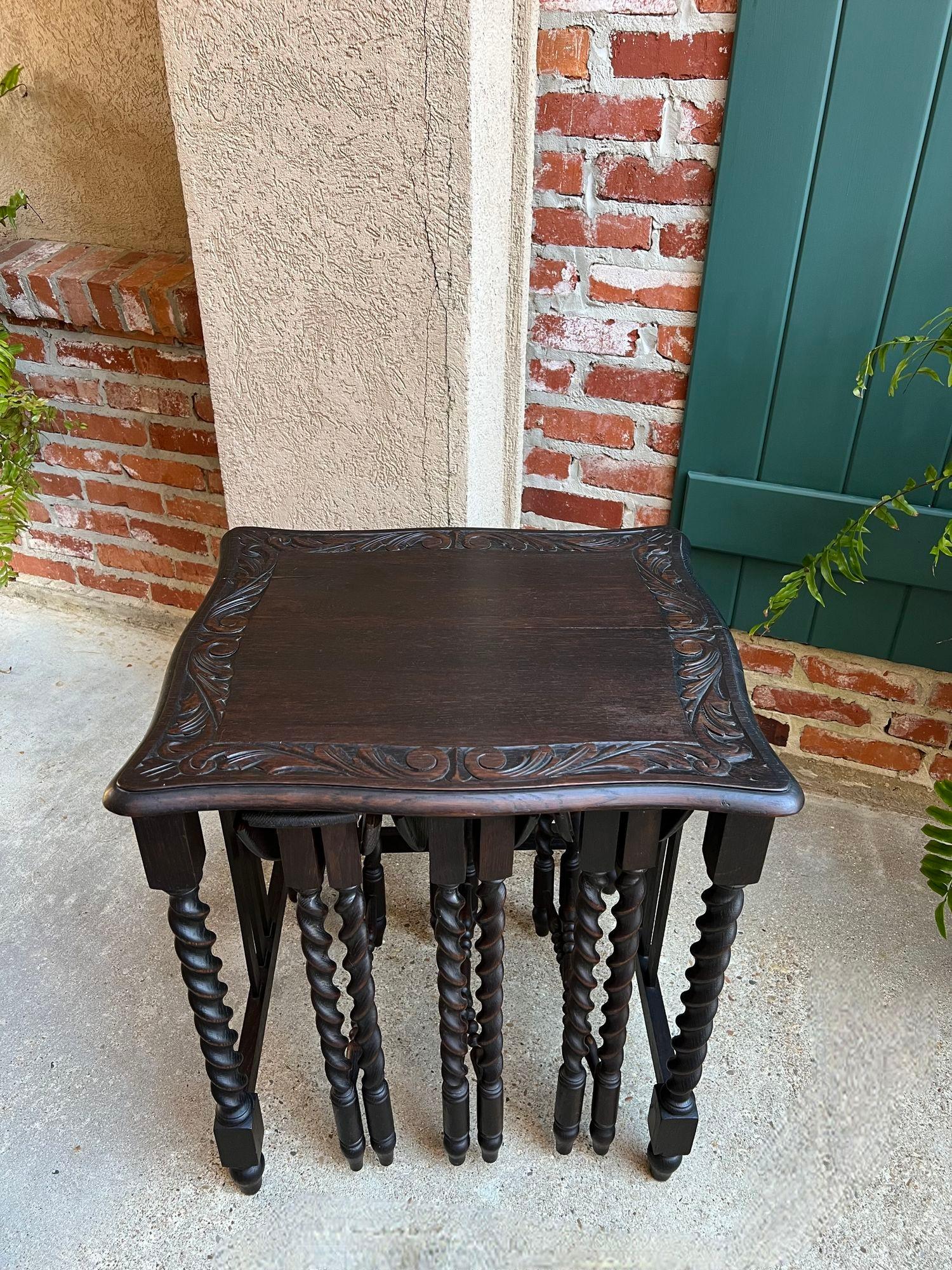 SET 4 Antique French Drop Leaf Nesting TABLE BARLEY TWIST Folding End Carved Oak For Sale 9