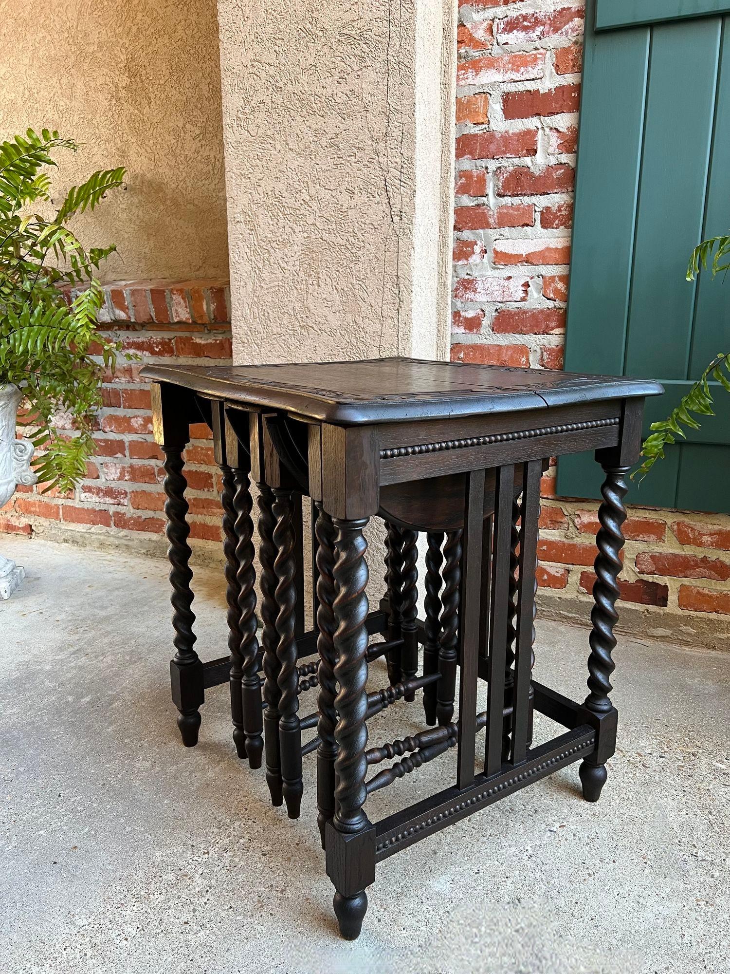 SET 4 Antique French Drop Leaf Nesting TABLE BARLEY TWIST Folding End Carved Oak For Sale 10