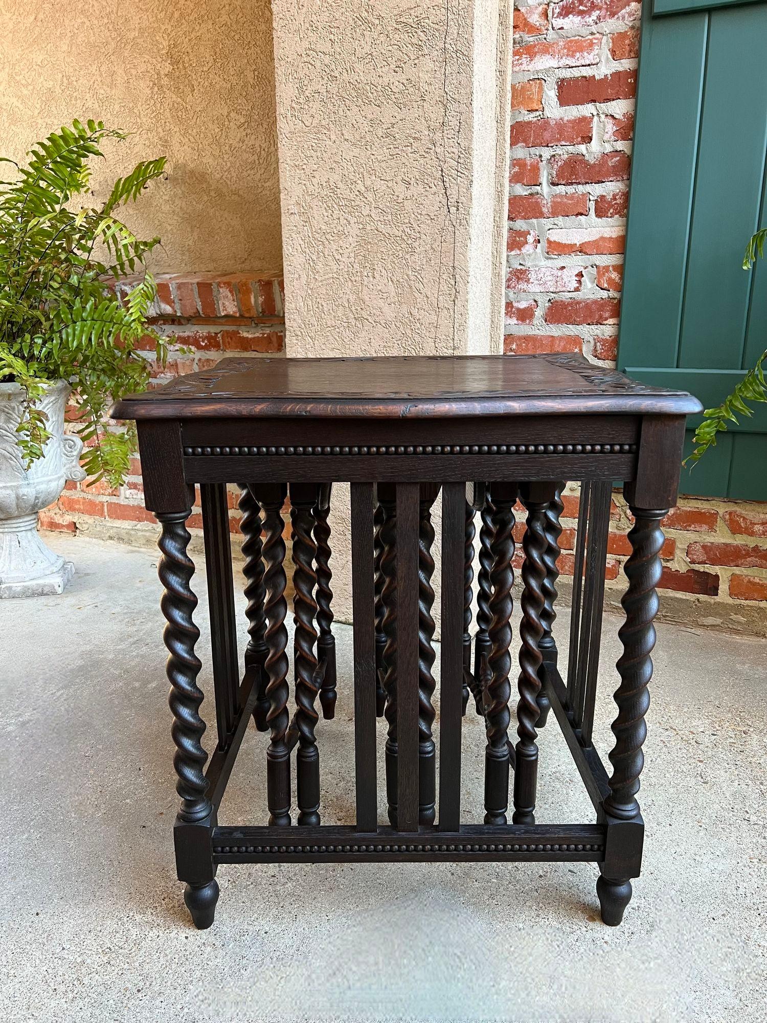 SET 4 Antique French Drop Leaf Nesting TABLE BARLEY TWIST Folding End Carved Oak For Sale 11
