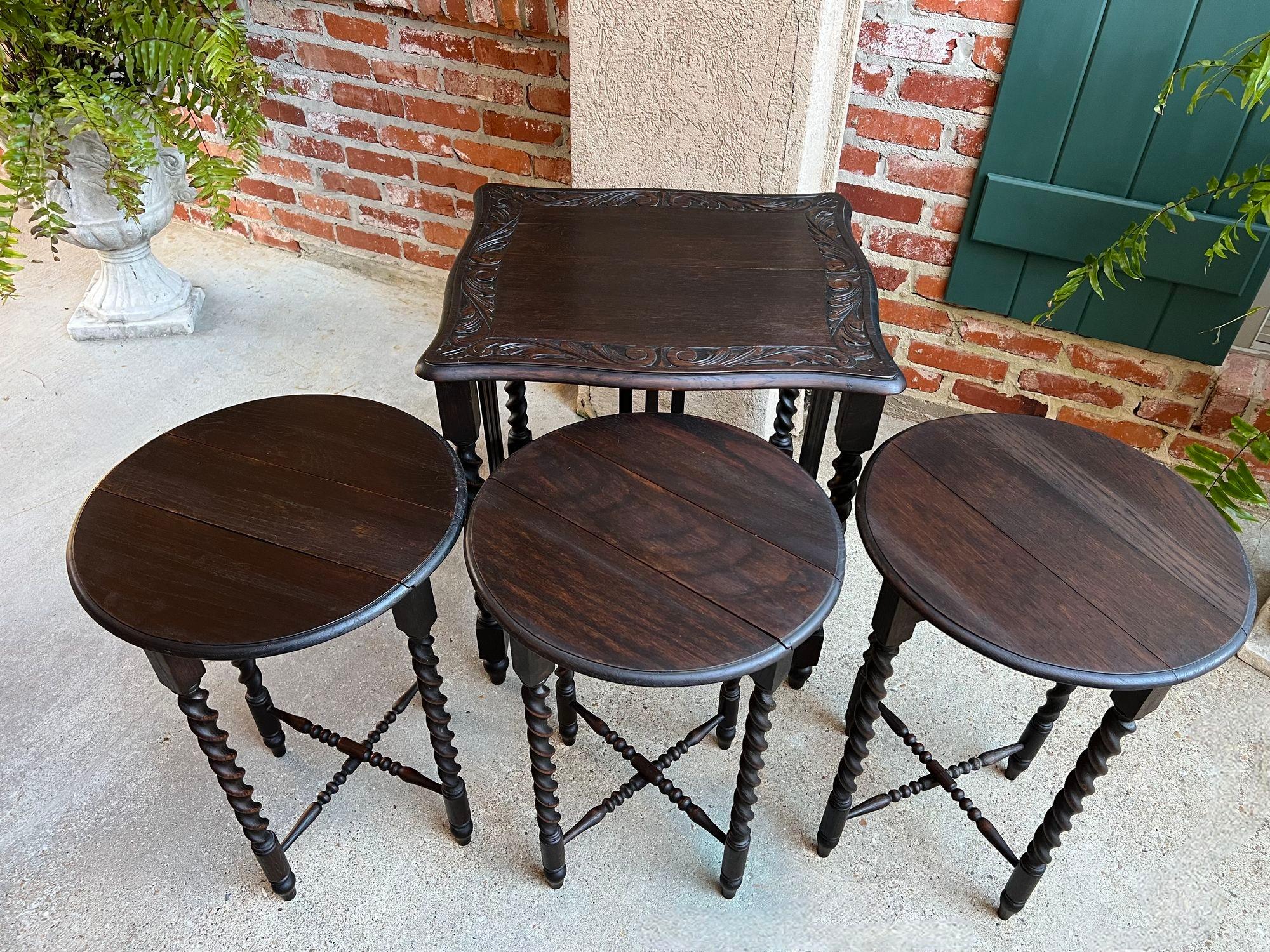 SET 4 Antique French Drop Leaf Nesting TABLE BARLEY TWIST Folding End Carved Oak For Sale 13