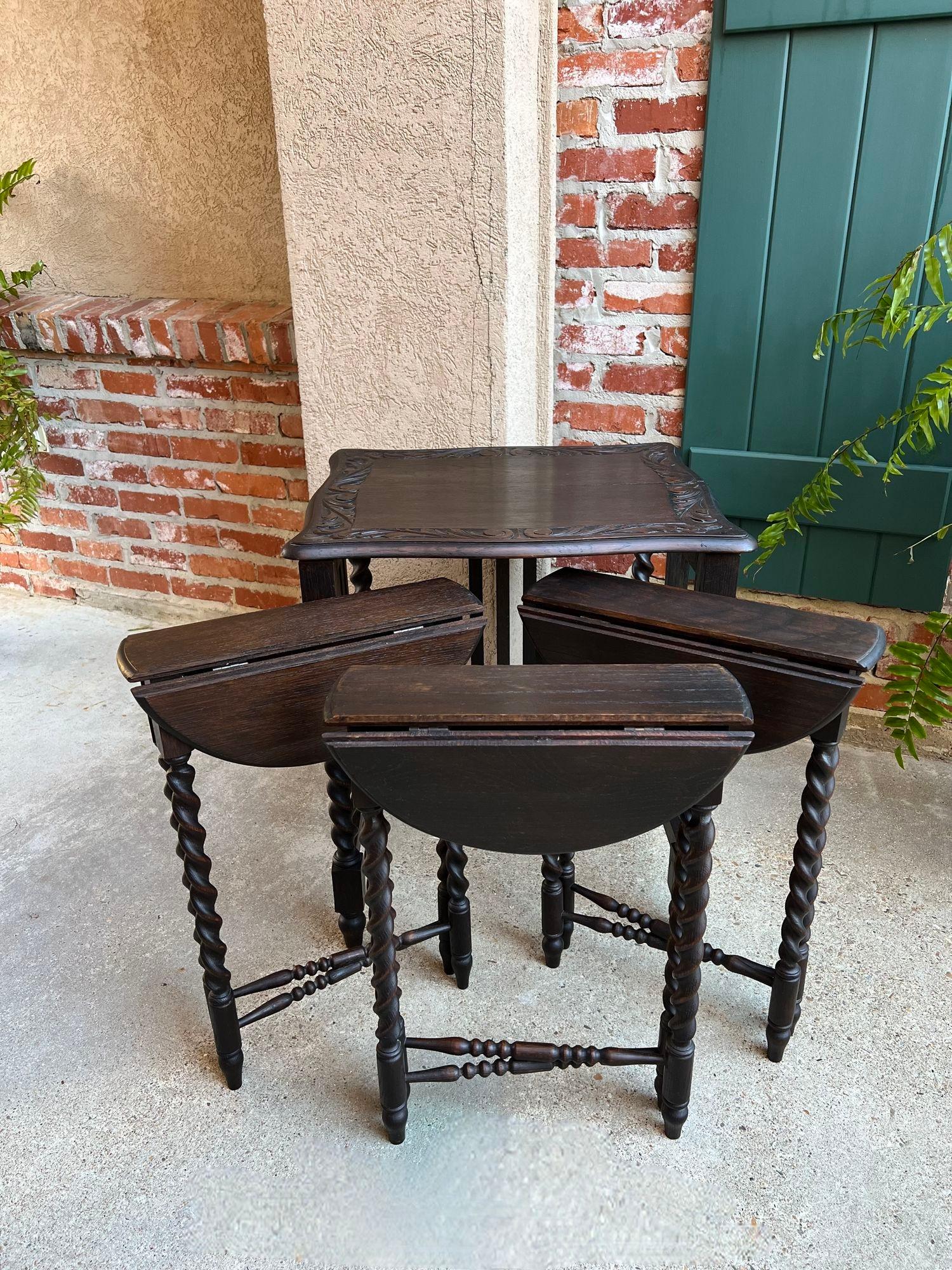 SET 4 Antique French Drop Leaf Nesting TABLE BARLEY TWIST Folding End Carved Oak For Sale 14