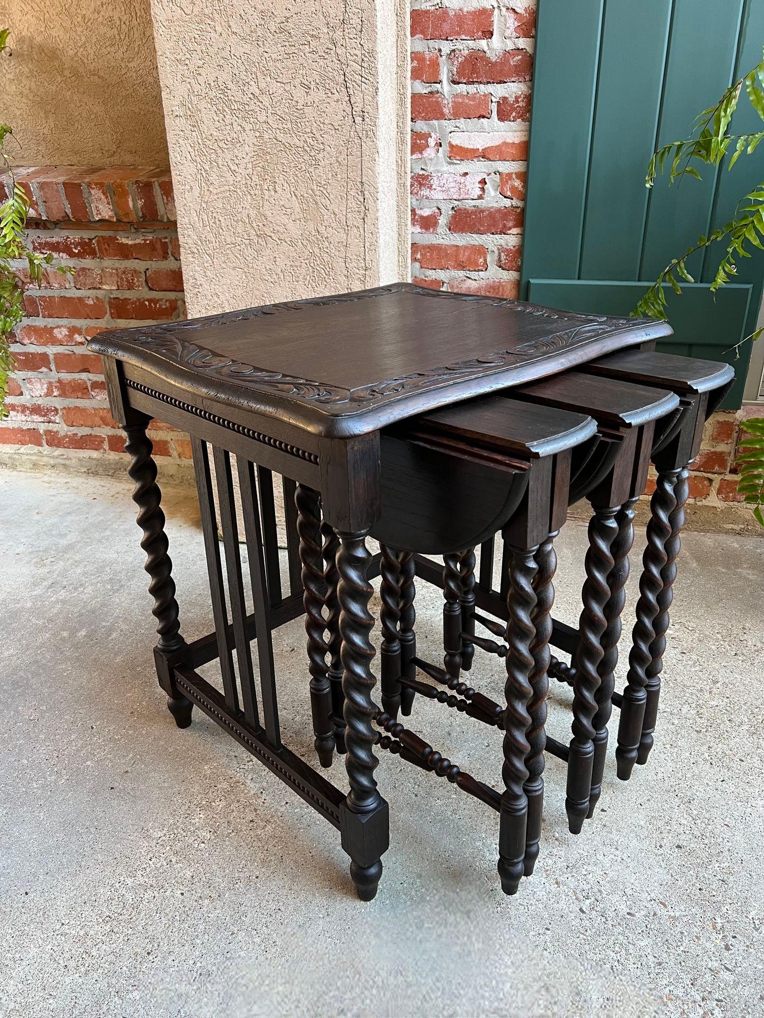 SET 4 Antique French Drop Leaf Nesting TABLE BARLEY TWIST Folding End Carved Oak In Good Condition For Sale In Shreveport, LA