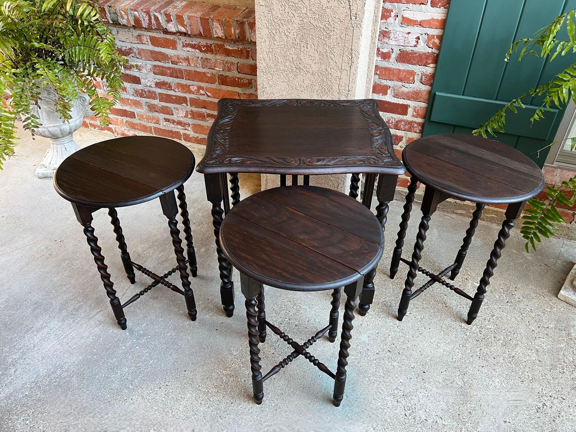 Early 20th Century SET 4 Antique French Drop Leaf Nesting TABLE BARLEY TWIST Folding End Carved Oak For Sale