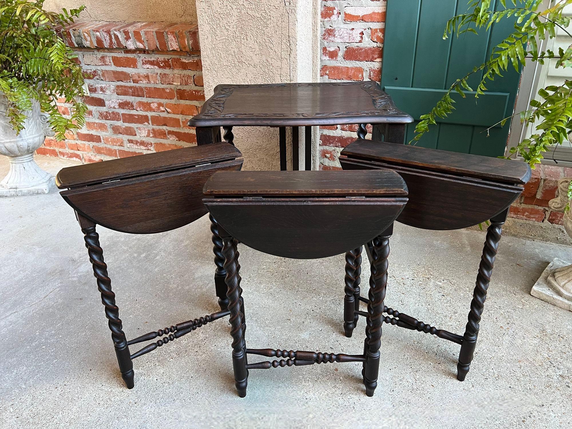 SET 4 Antique French Drop Leaf Nesting TABLE BARLEY TWIST Folding End Carved Oak For Sale 1