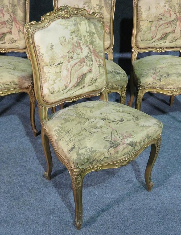 Set of 4 Antique French Figural Tapestry Gilded Dining Side Parlor