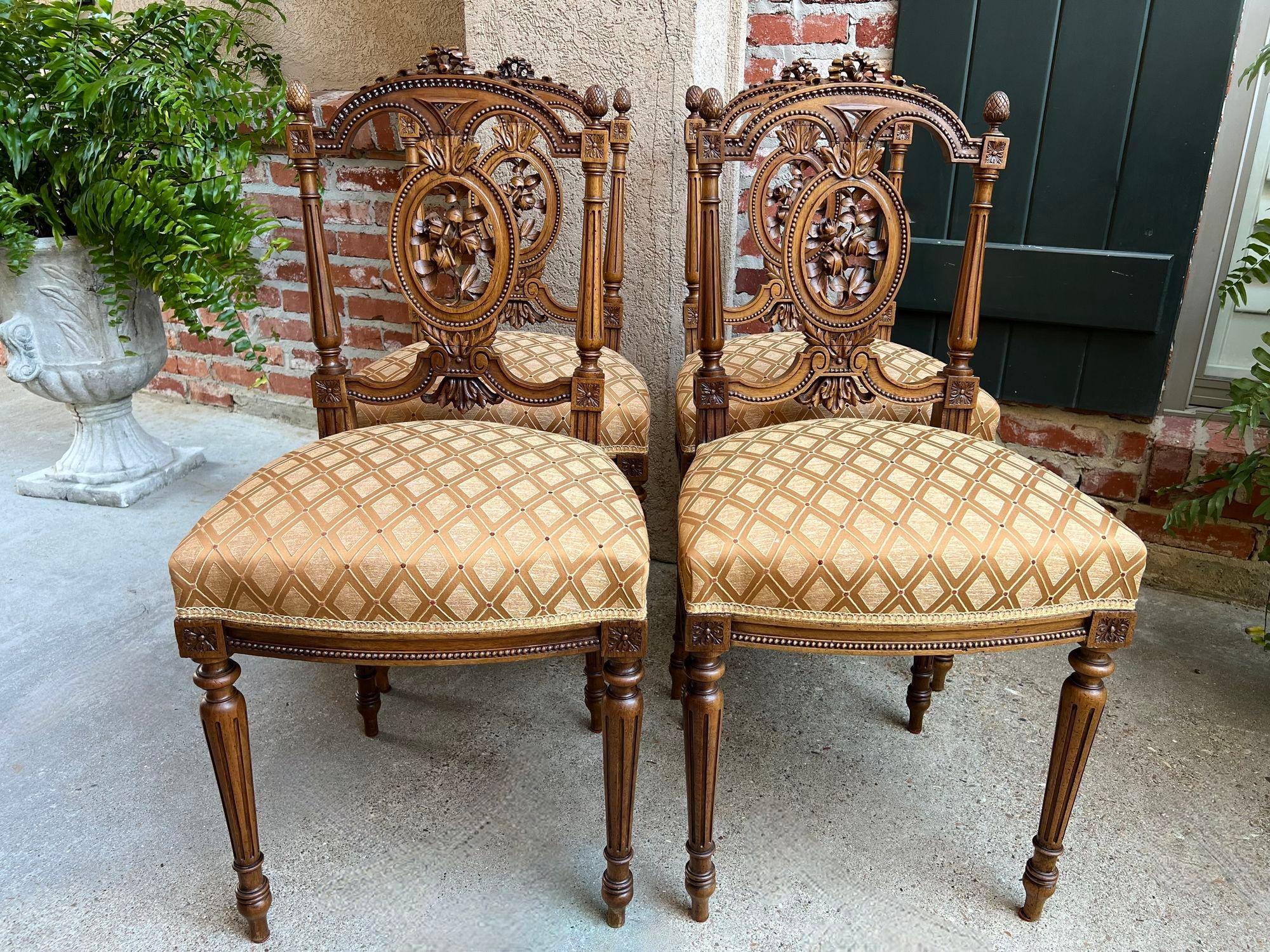 Set 4 Antique French Louis XVI Salon Chairs Petite Dining Chair Carved Walnut.

Direct from France, a beautiful set of petite antique French ‘salon’ chairs. Highly adorned backs feature generous open carvings, beaded trim, acorn finials and French