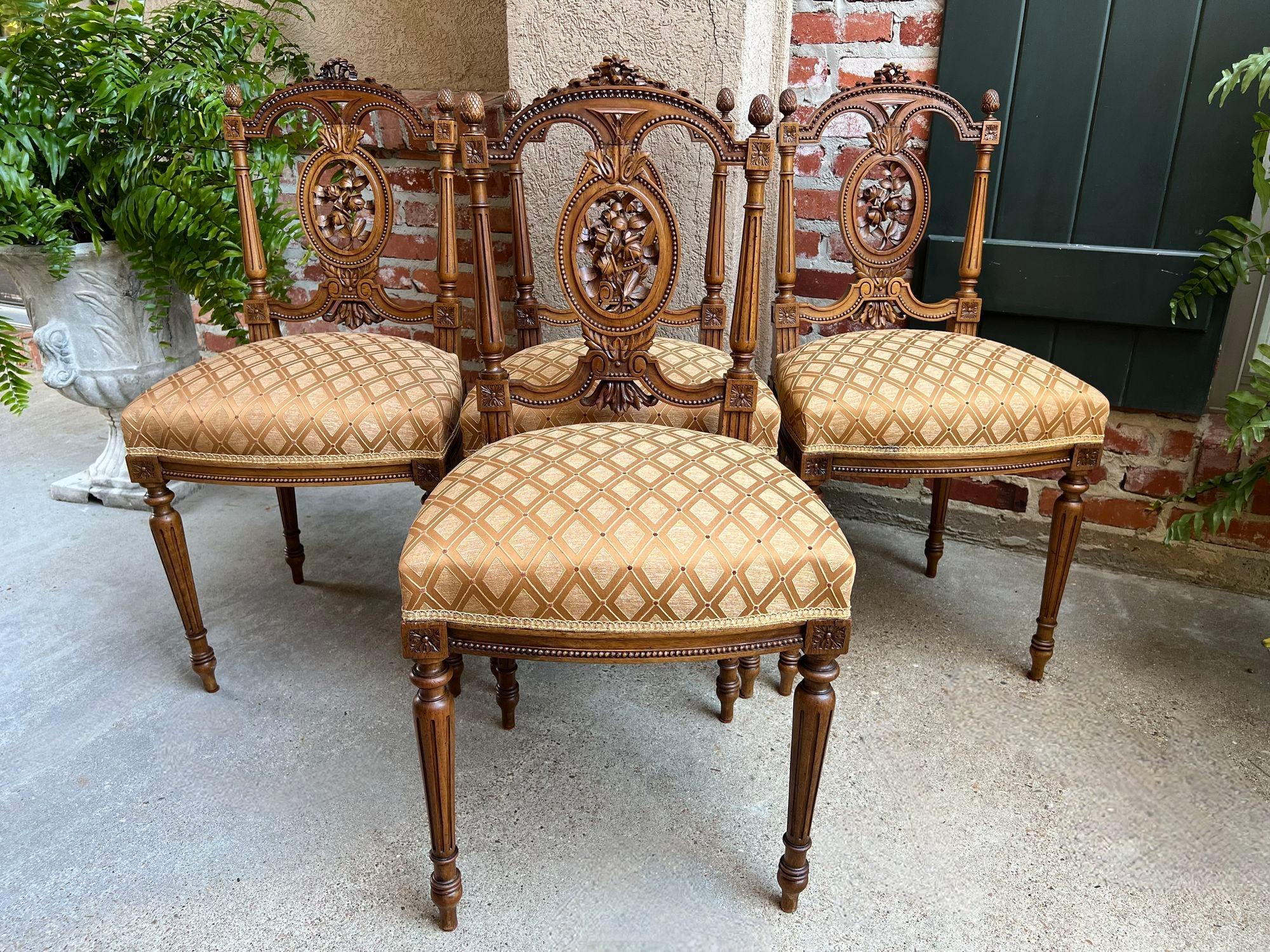 Hand-Carved Set 4 Antique French Louis XVI Salon Chairs Petite Dining Parlor Carved Walnut