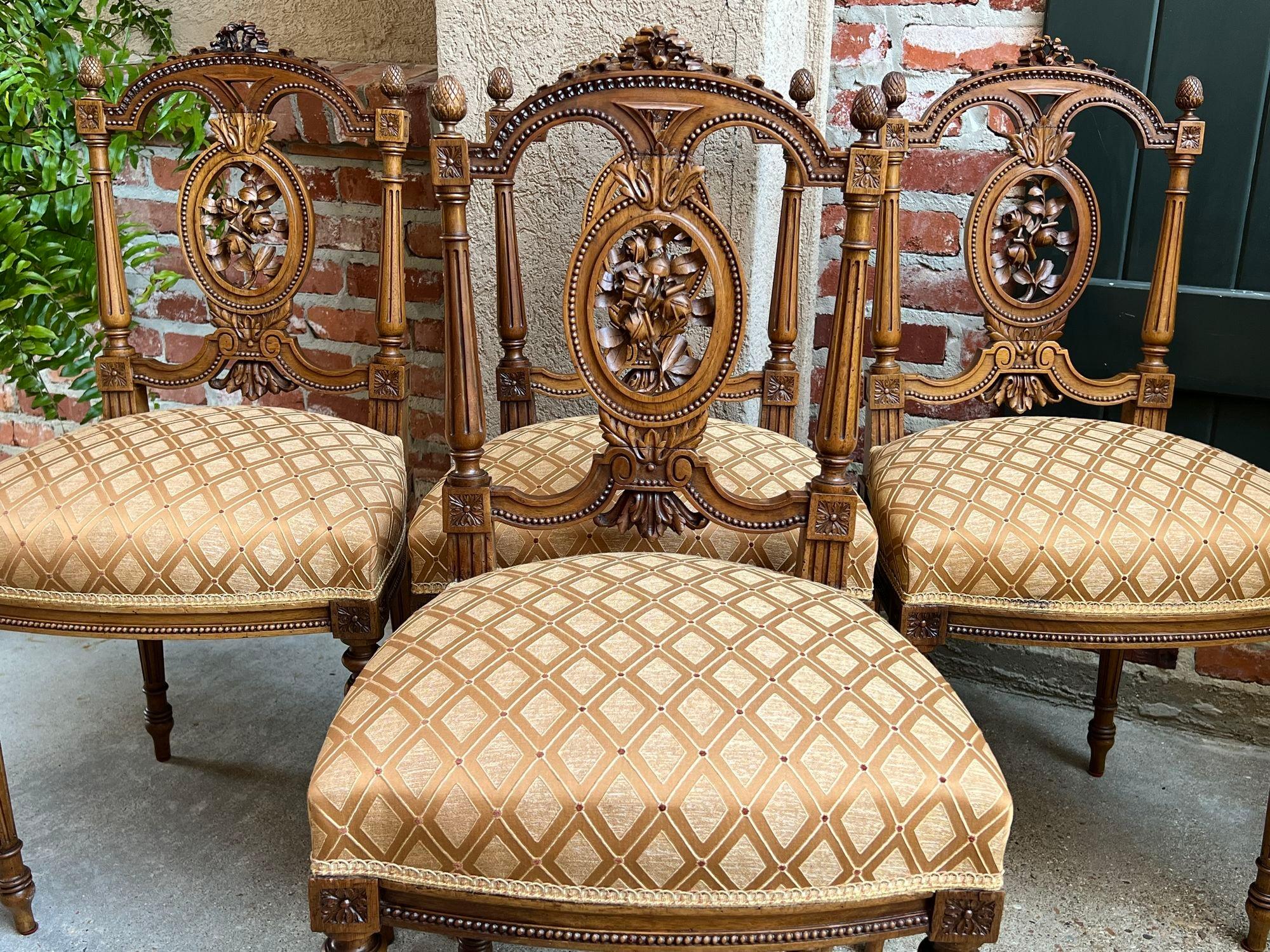 Set 4 Antique French Louis XVI Salon Chairs Petite Dining Parlor Carved Walnut In Good Condition In Shreveport, LA
