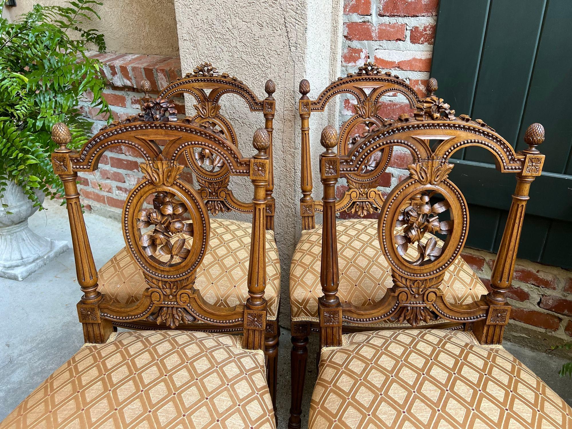 Early 20th Century Set 4 Antique French Louis XVI Salon Chairs Petite Dining Parlor Carved Walnut