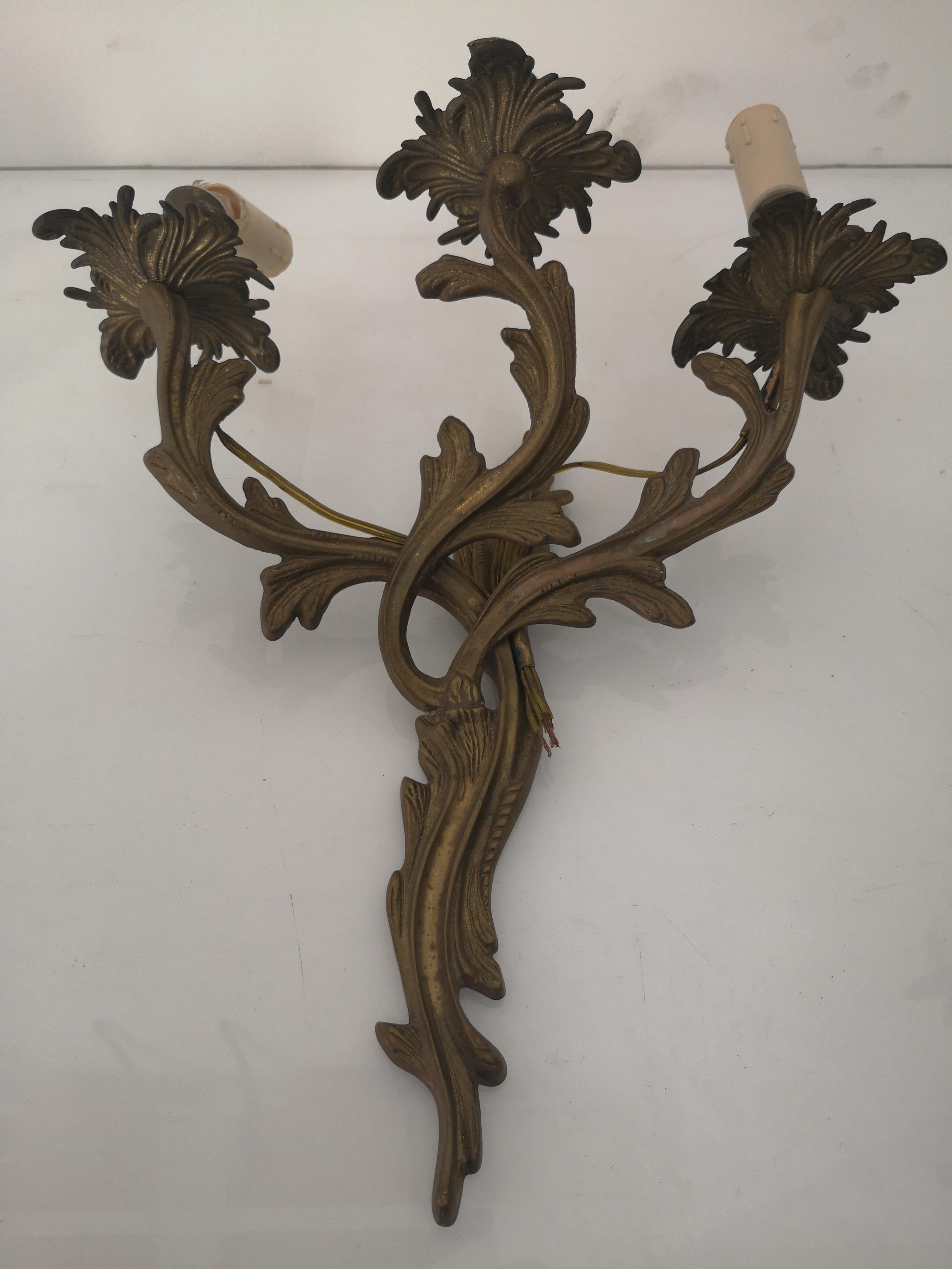 Set of 4 3-light bronze wall sconce in Louis XV style 1940s For Sale 4