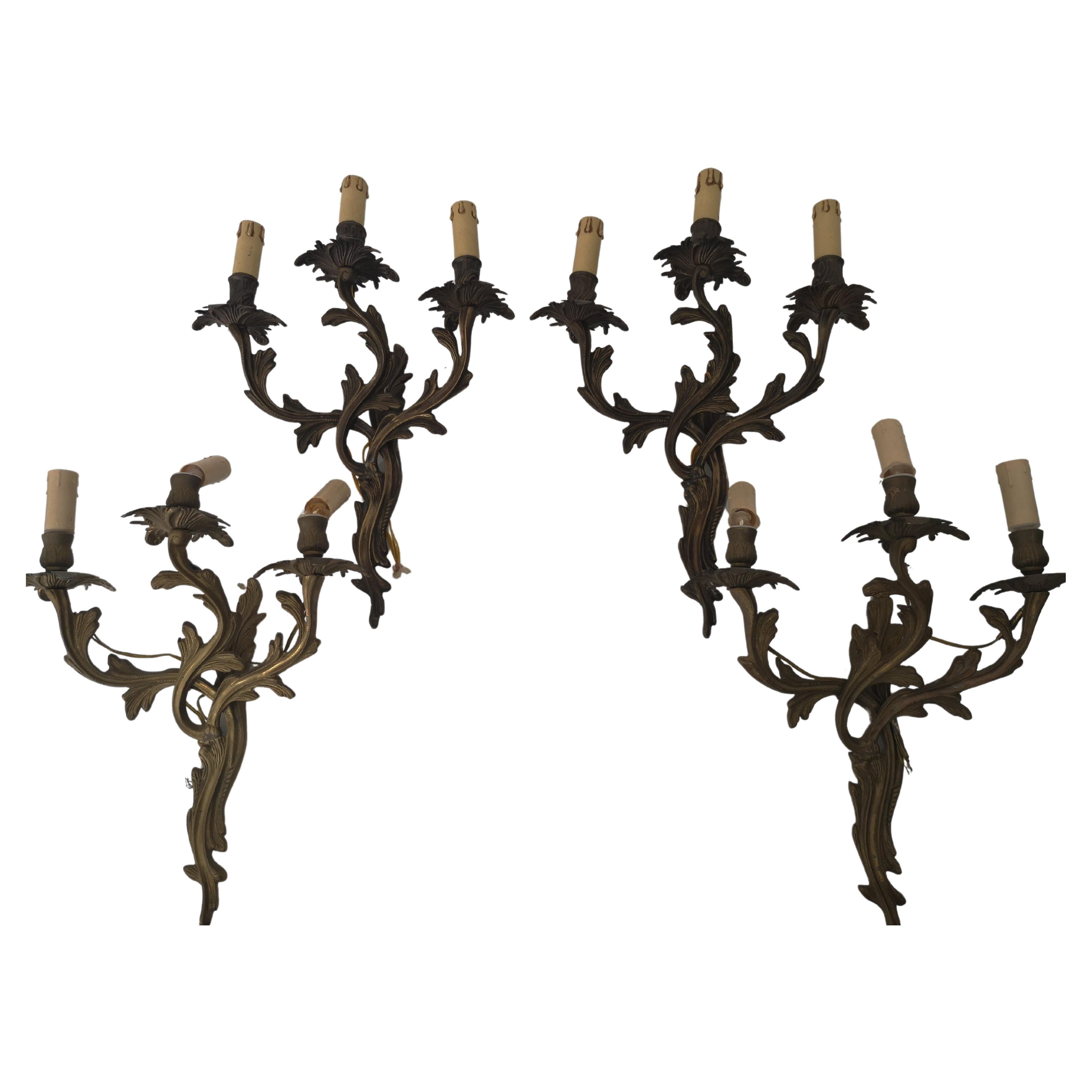 Set of 4 3-light bronze wall sconce in Louis XV style 1940s For Sale