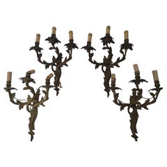 Juego de 4 apliques de bronce de 3 luces de estilo Luis XV años 40