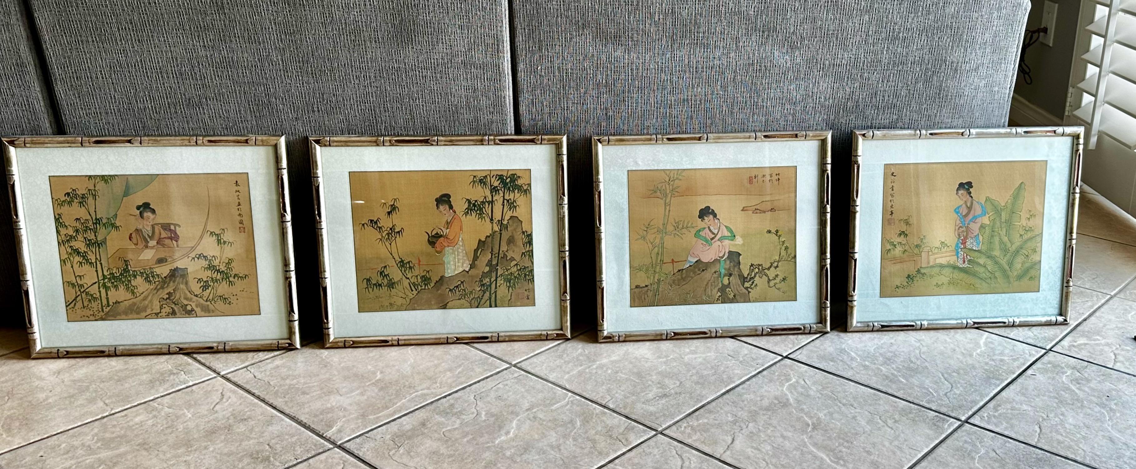 Set 4 Cuadros Asiáticos Japoneses Acuarela Seda Enmarcados 9