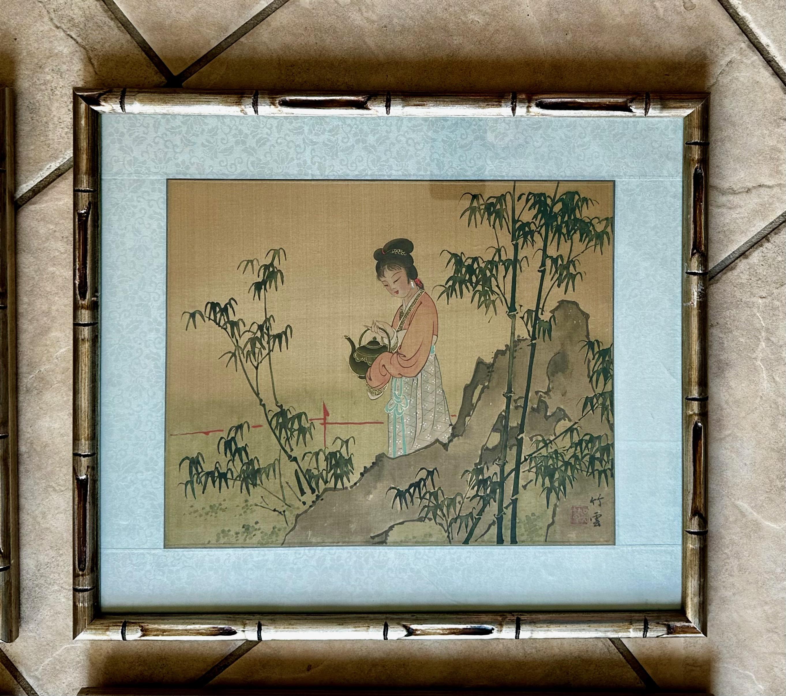 Set 4 Cuadros Asiáticos Japoneses Acuarela Seda Enmarcados 2