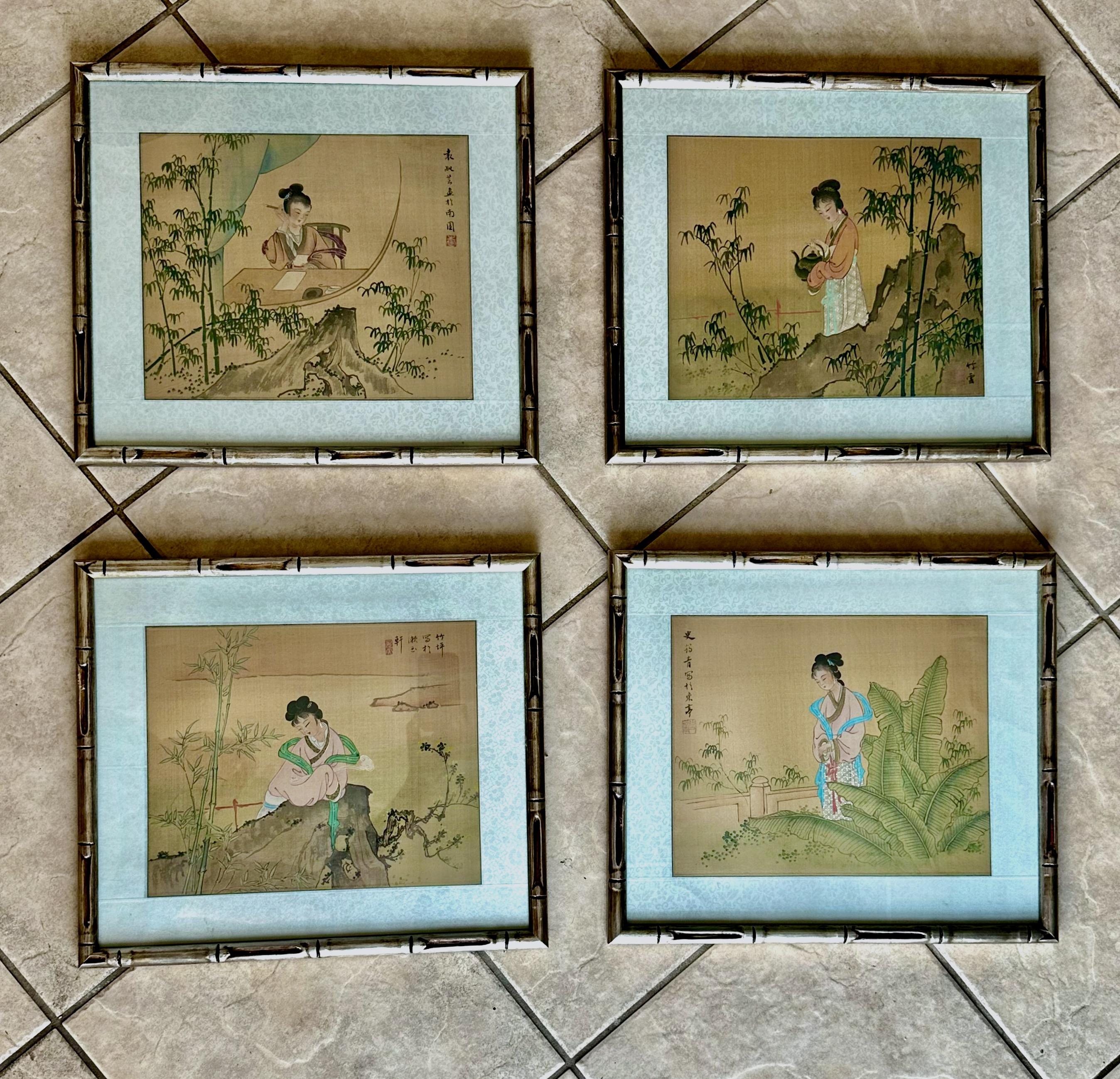 Set 4 Cuadros Asiáticos Japoneses Acuarela Seda Enmarcados 3