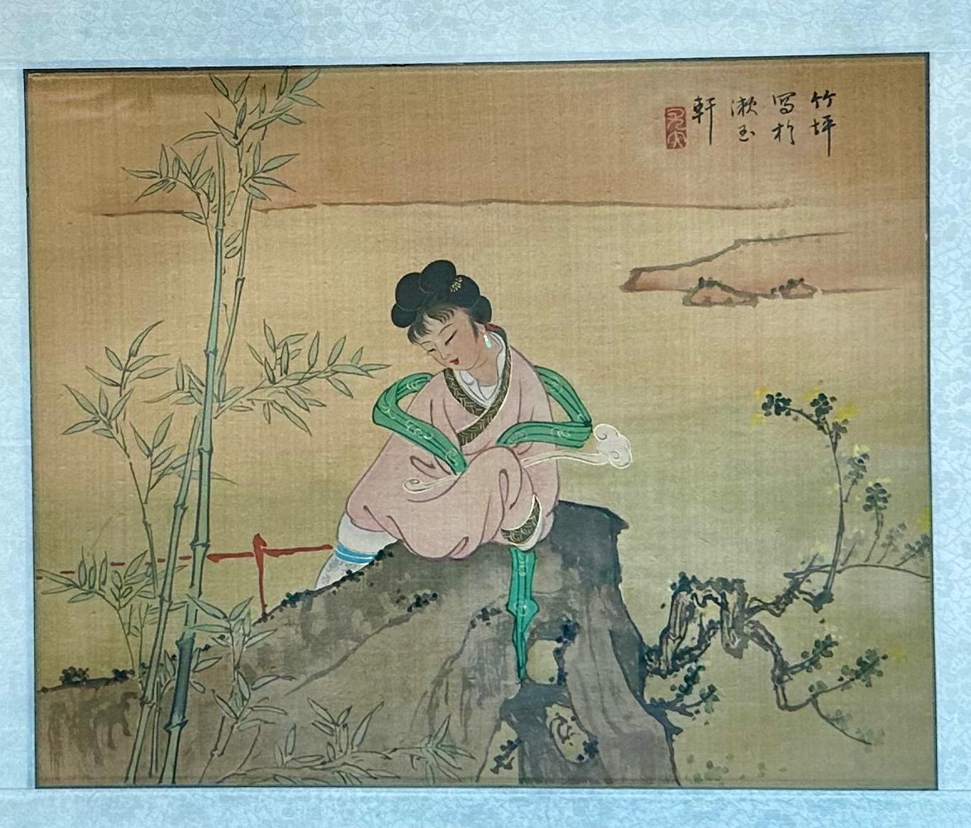 Set 4 Cuadros Asiáticos Japoneses Acuarela Seda Enmarcados 4