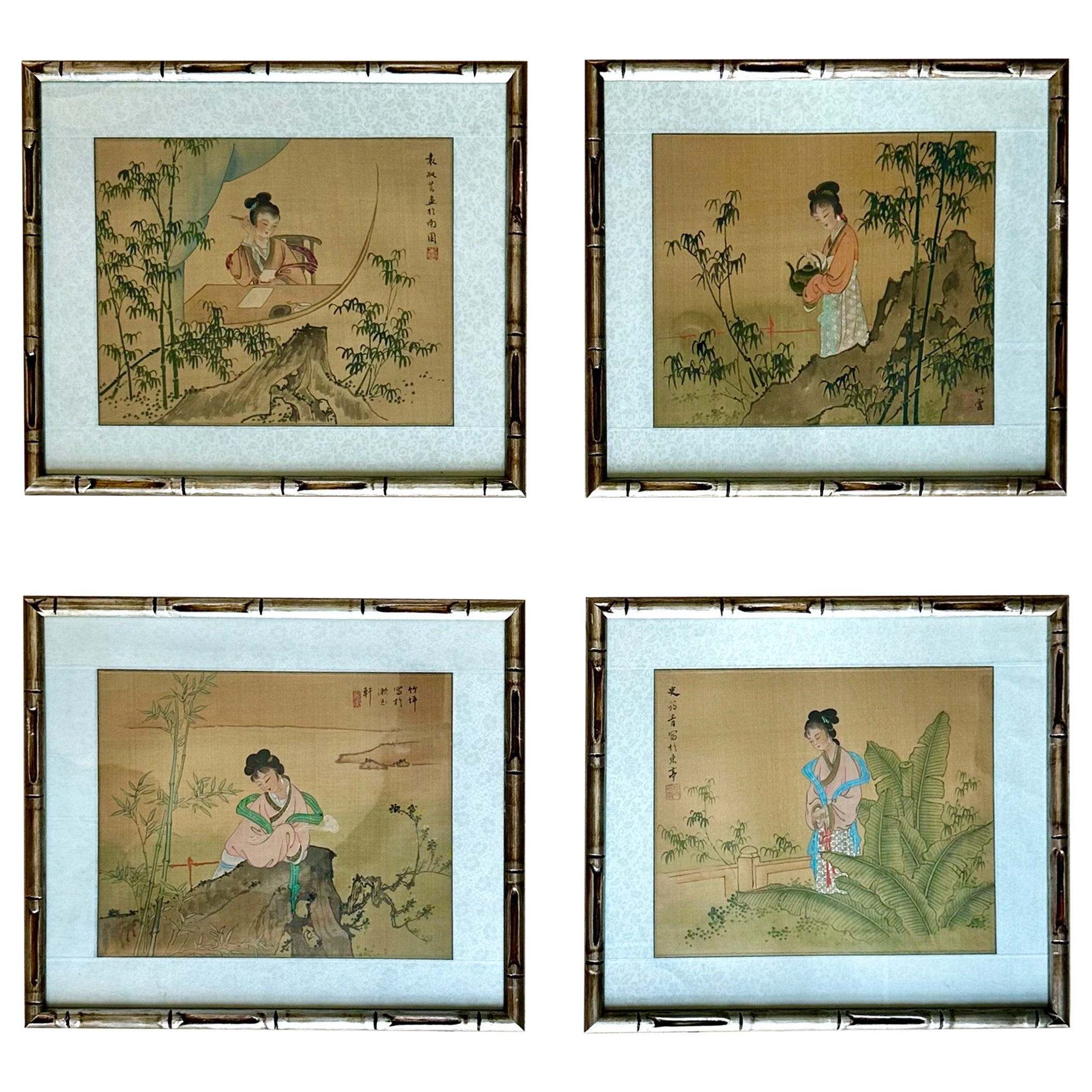 Set 4 Cuadros Asiáticos Japoneses Acuarela Seda Enmarcados