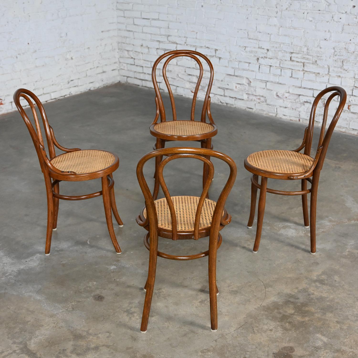 Set 4 Bauhaus Style #18 Café Chairs by Thonet Bentwood Frames & Hand Caned Seats In Good Condition In Topeka, KS