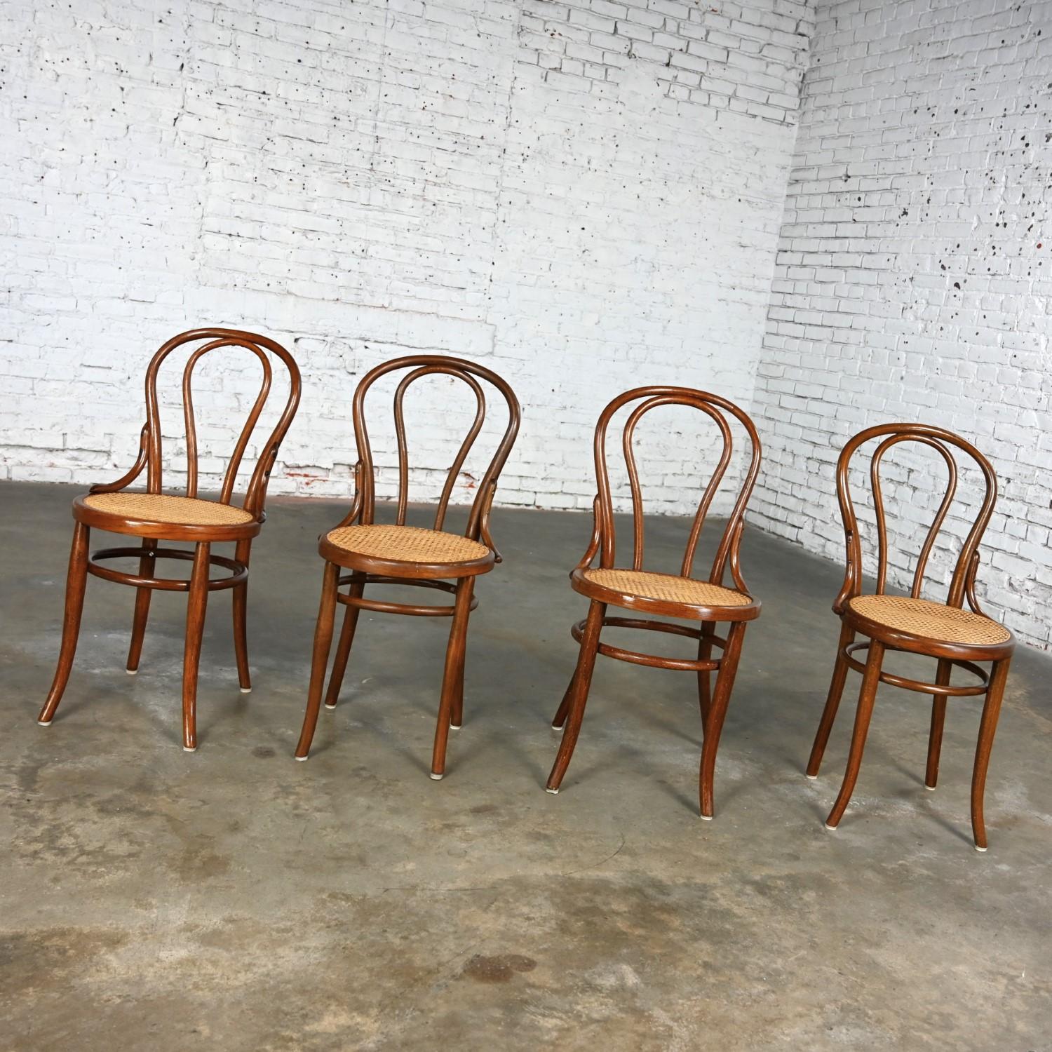 20ième siècle Ensemble de 4 chaises de café #18 de style Bauhaus par Thonet Structure en bois breton et sièges cannés à la main