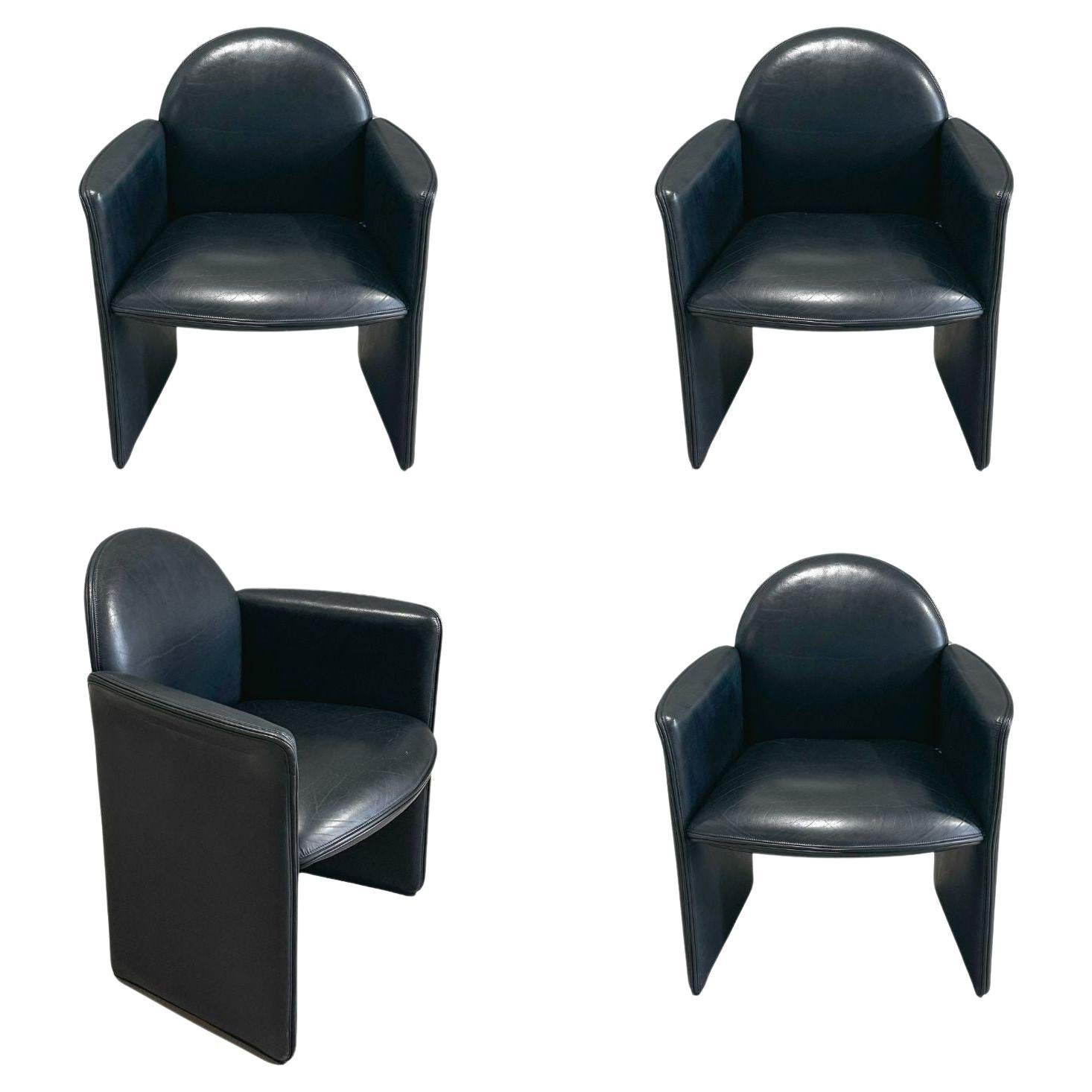 Set 4 Black Leather Italian Chairs, Italy 1980