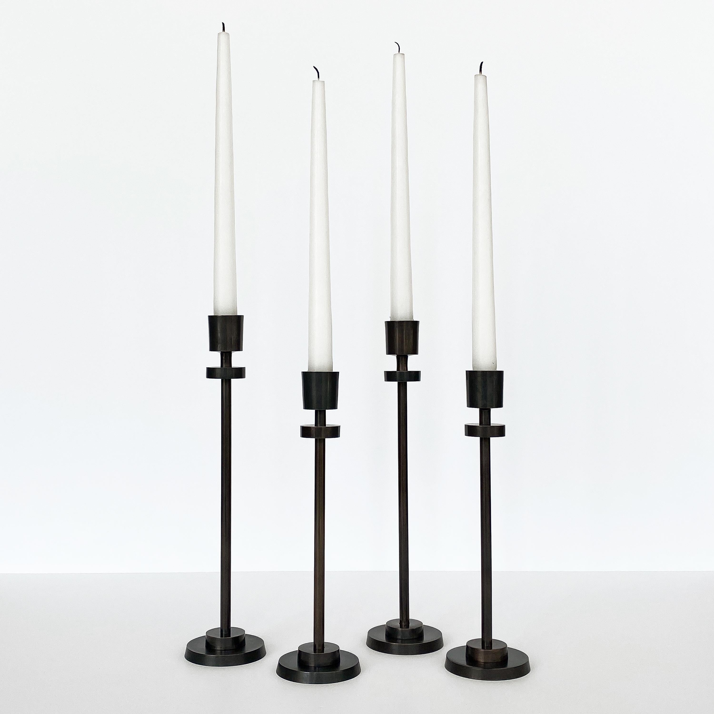 Mid-Century Modern Set 4 Blackened Brass Modernist Candlesticks