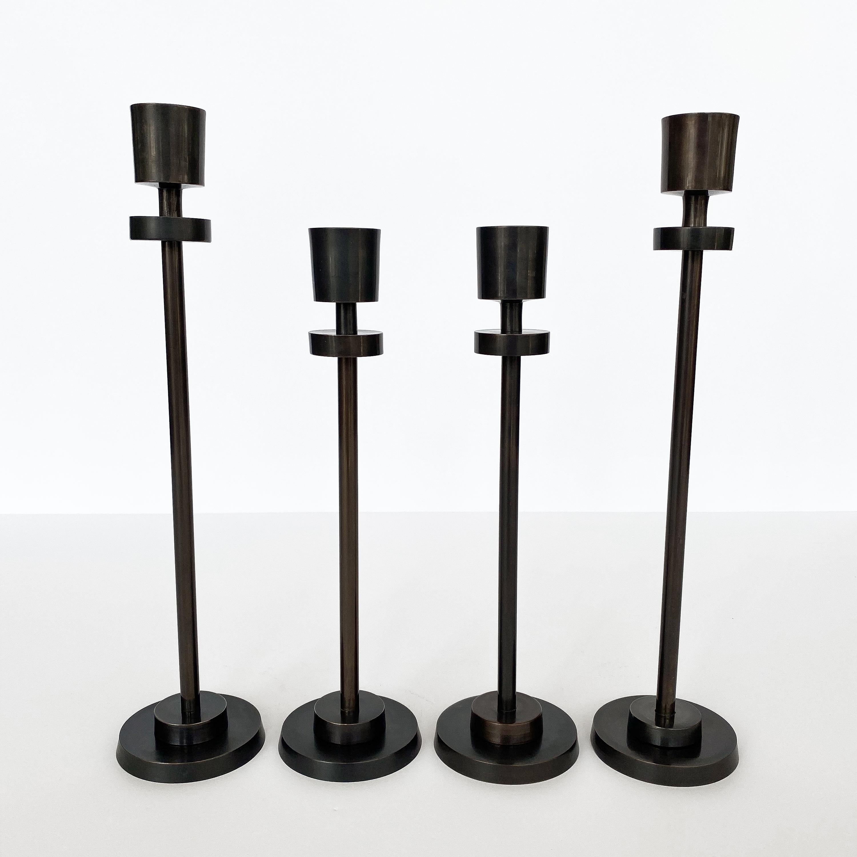20th Century Set 4 Blackened Brass Modernist Candlesticks