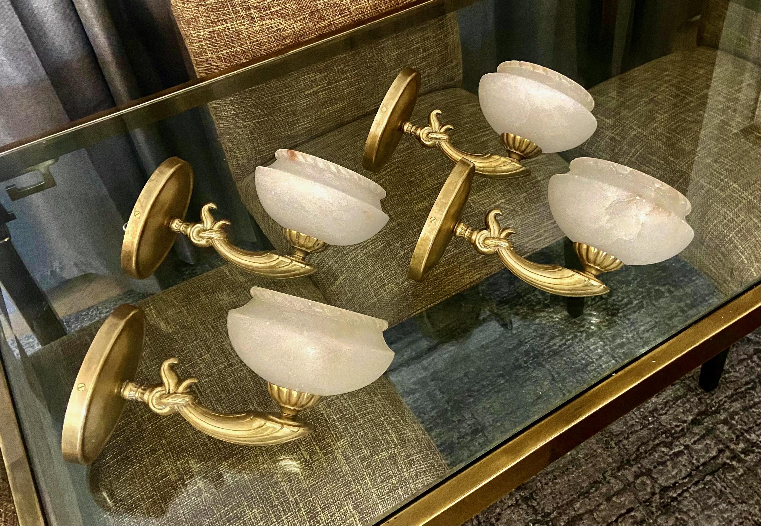 European Set 4 Brass Alabaster French Style Wall Sconces