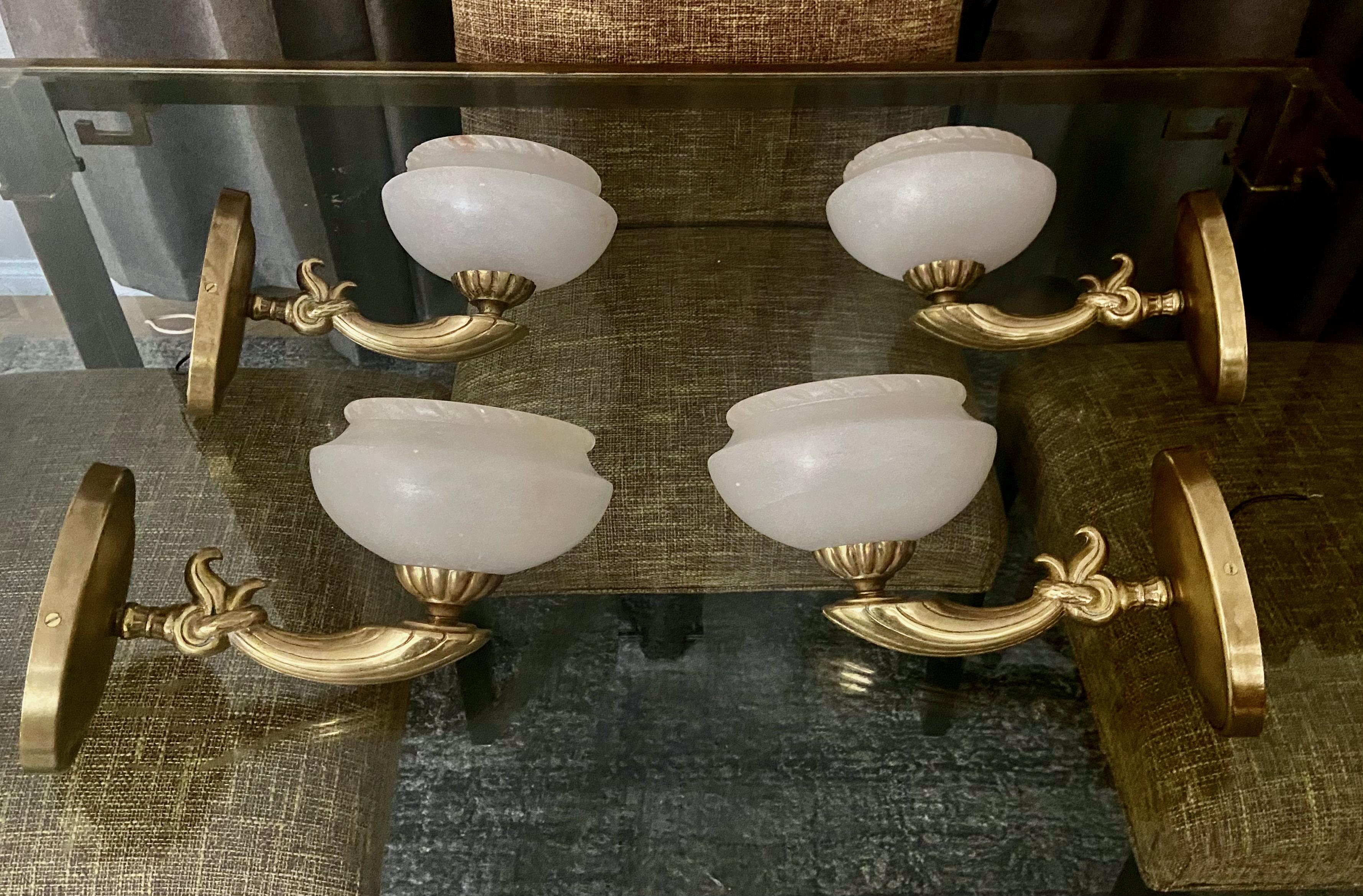 Mid-20th Century Set 4 Brass Alabaster French Style Wall Sconces