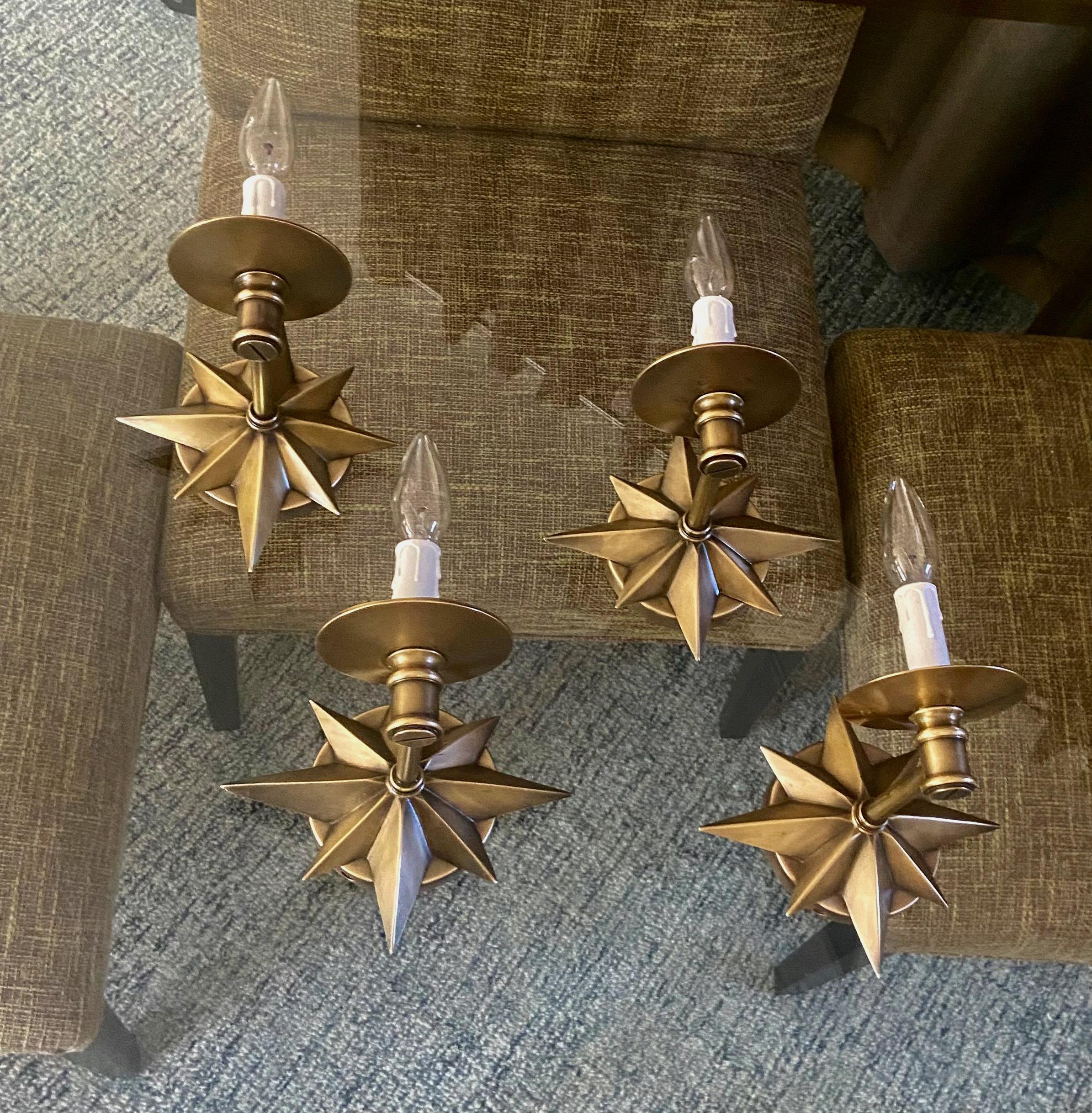 Set 4 Bronze Sunburst Star Wall Sconces In Fair Condition In Palm Springs, CA
