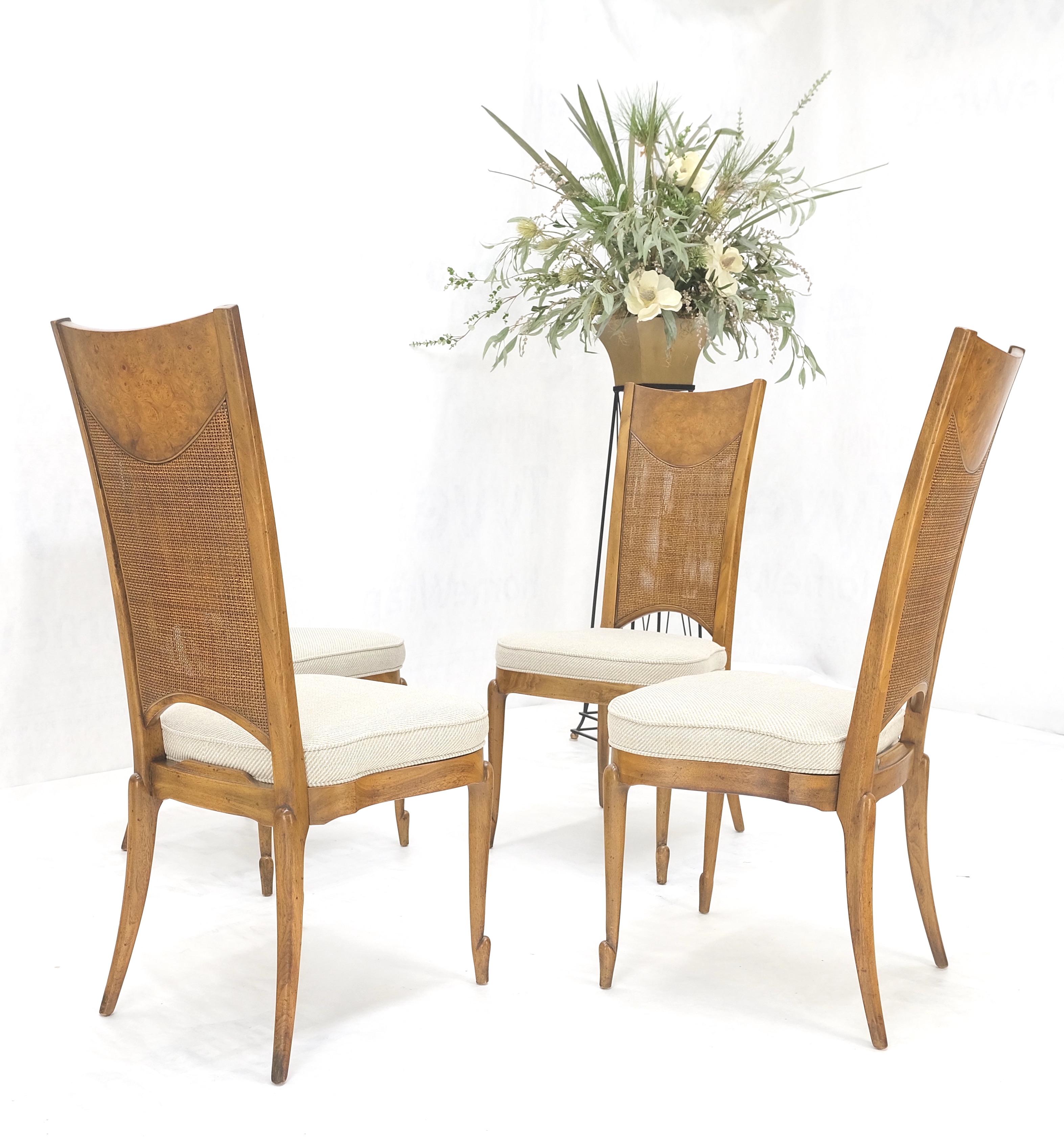 Set 4 Burl Wood Cane Back NEW Upholstery Dining Chairs Mid Century Modern MINT! For Sale 1