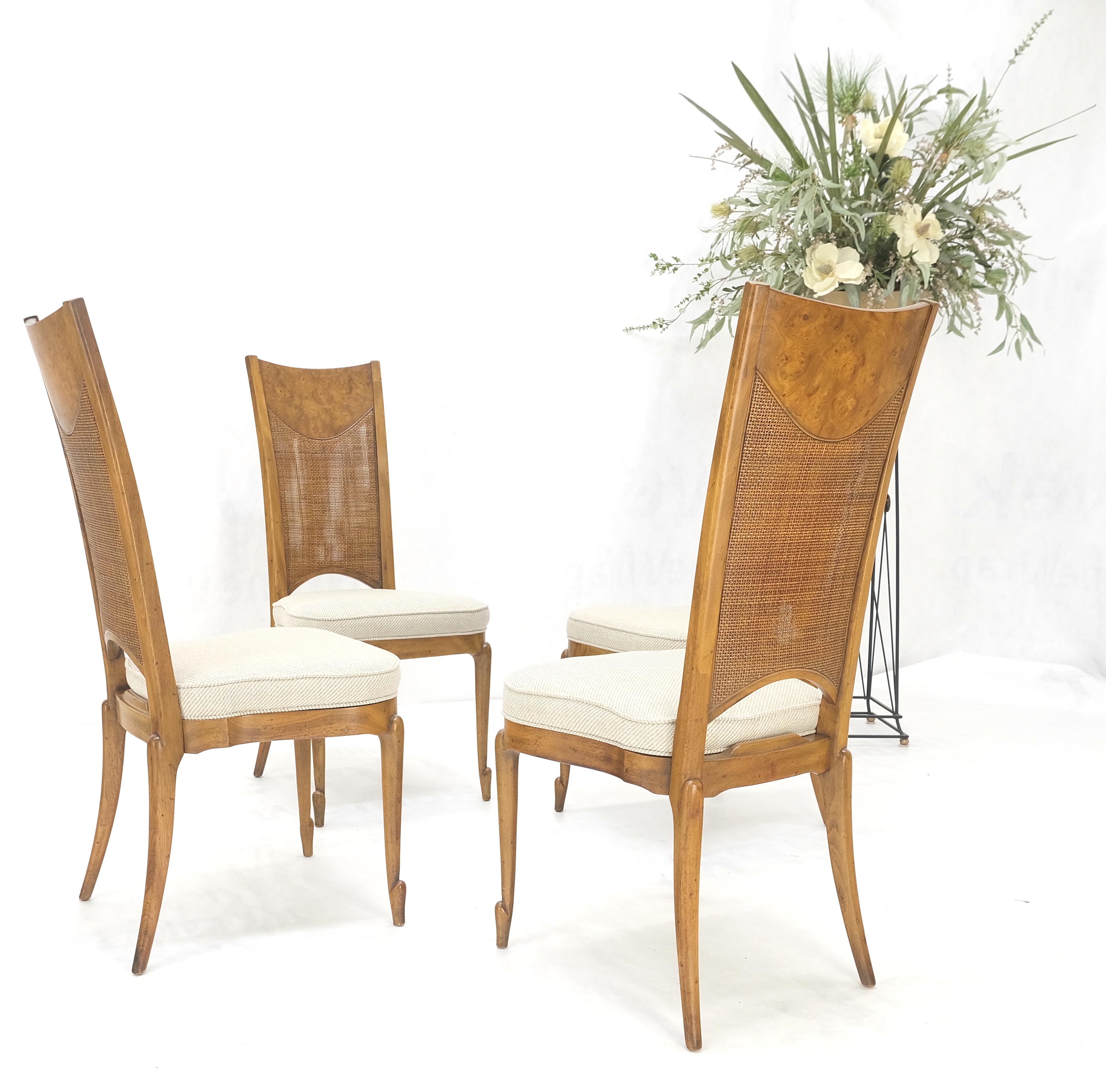Set 4 Burl Wood Cane Back NEW Upholstery Dining Chairs Mid Century Modern MINT! For Sale 4