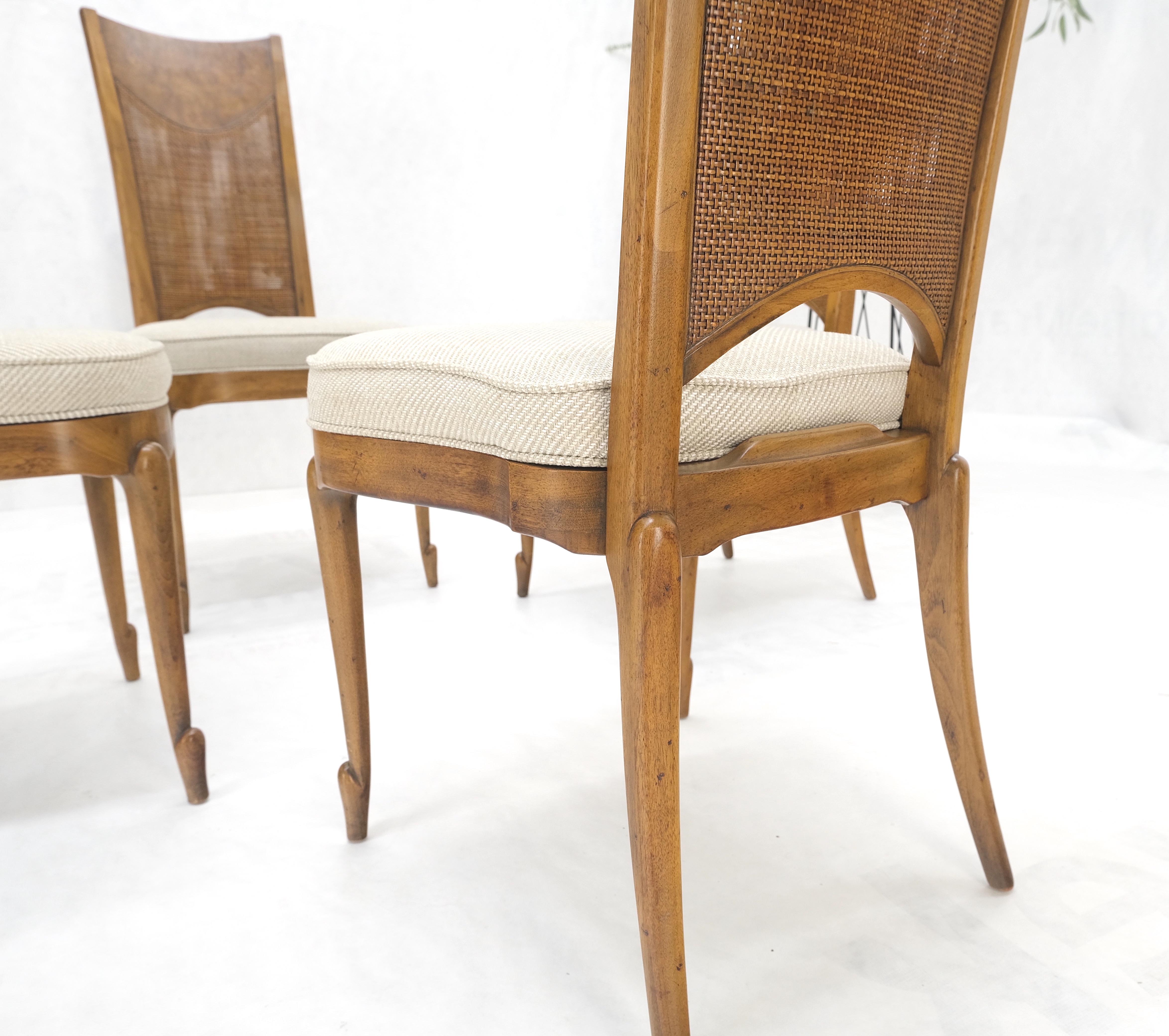 Set 4 Burl Wood Cane Back NEW Upholstery Dining Chairs Mid Century Modern MINT! For Sale 5