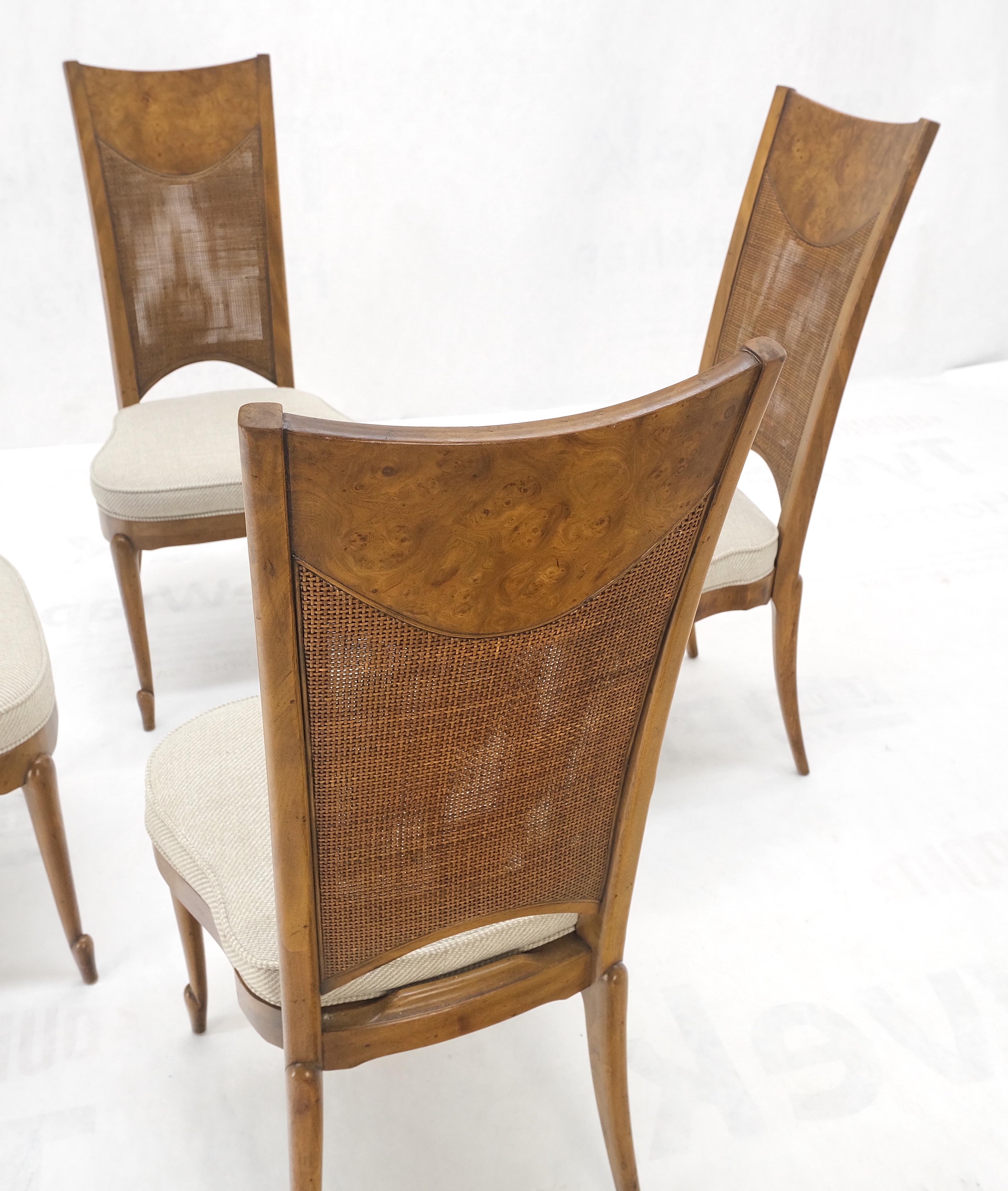 Set 4 Burl Wood Cane Back NEW Upholstery Dining Chairs Mid Century Modern MINT! For Sale 5
