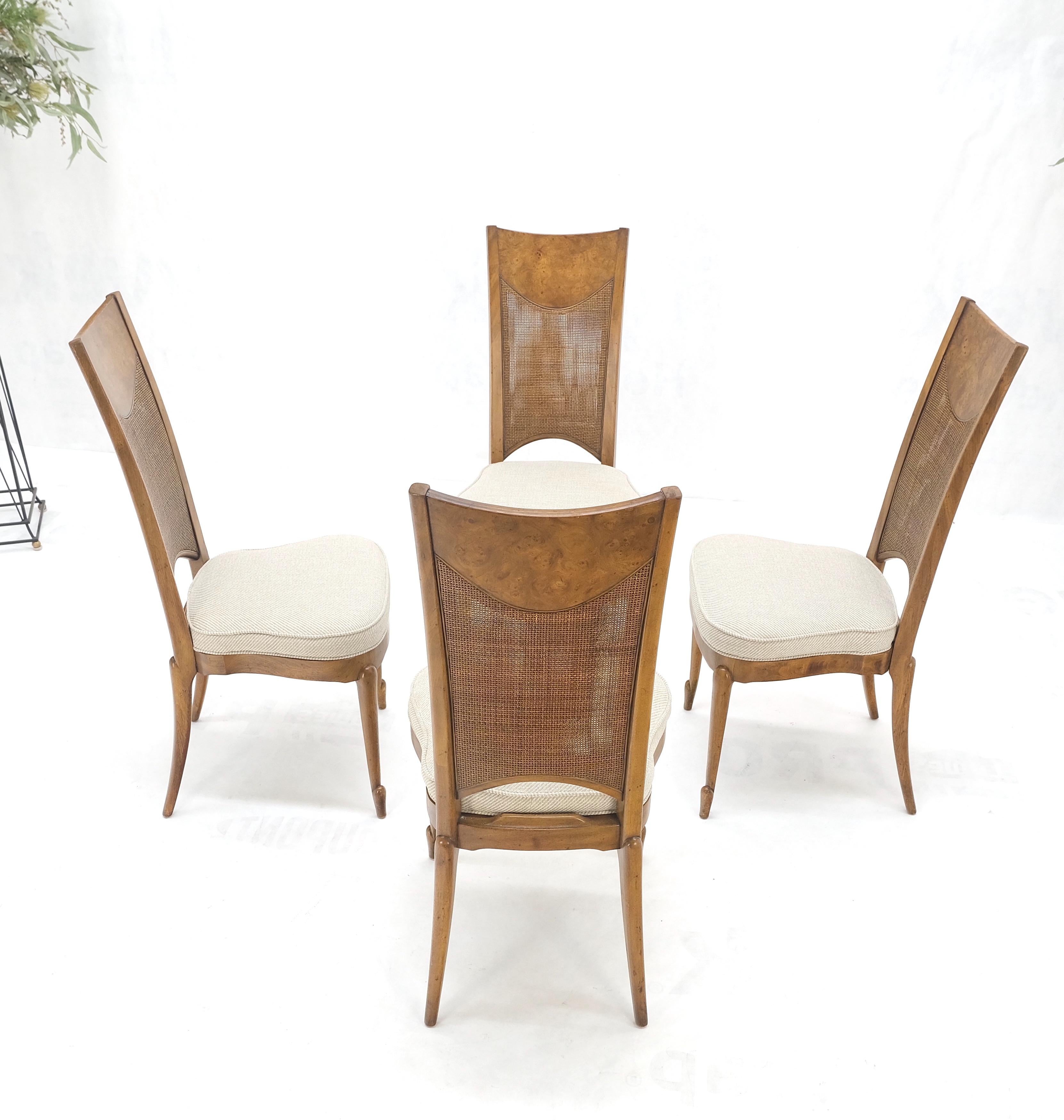 Set 4 Burl Wood Cane Back NEW Upholstery Dining Chairs Mid Century Modern MINT! For Sale 7