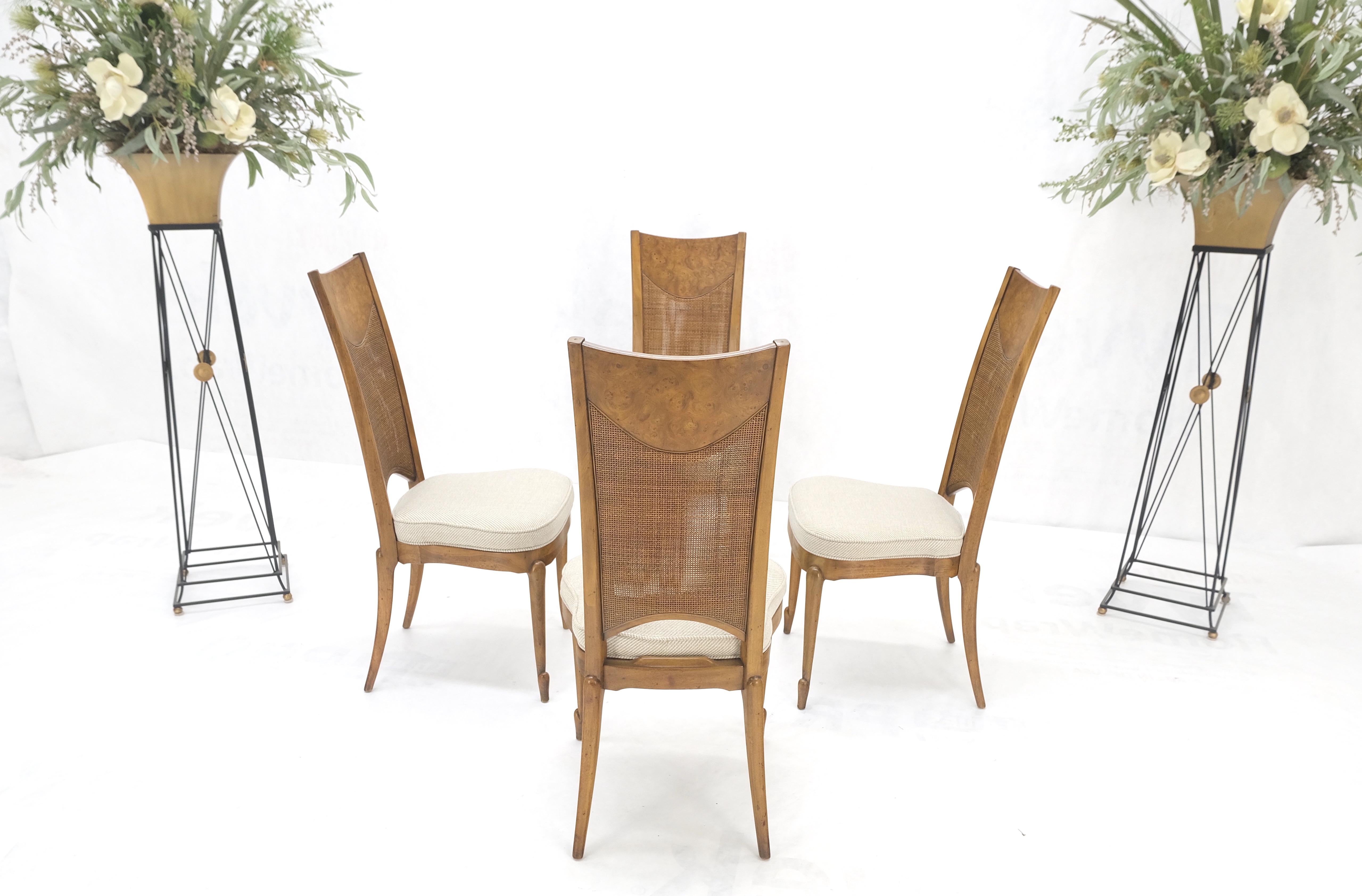Mid-Century Modern Set 4 Burl Wood Cane Back NEW Upholstery Dining Chairs Mid Century Modern MINT! For Sale