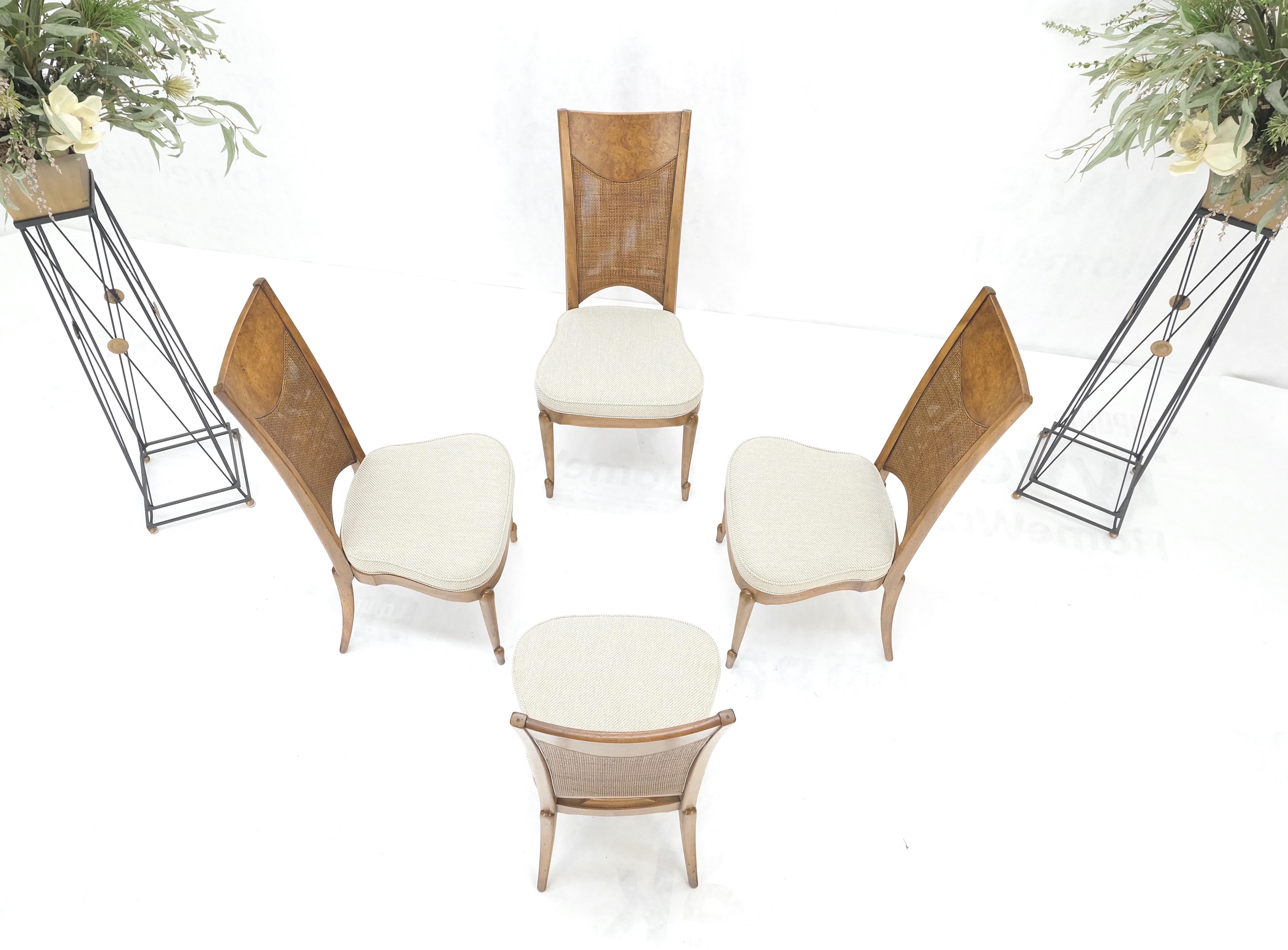 American Set 4 Burl Wood Cane Back NEW Upholstery Dining Chairs Mid Century Modern MINT! For Sale