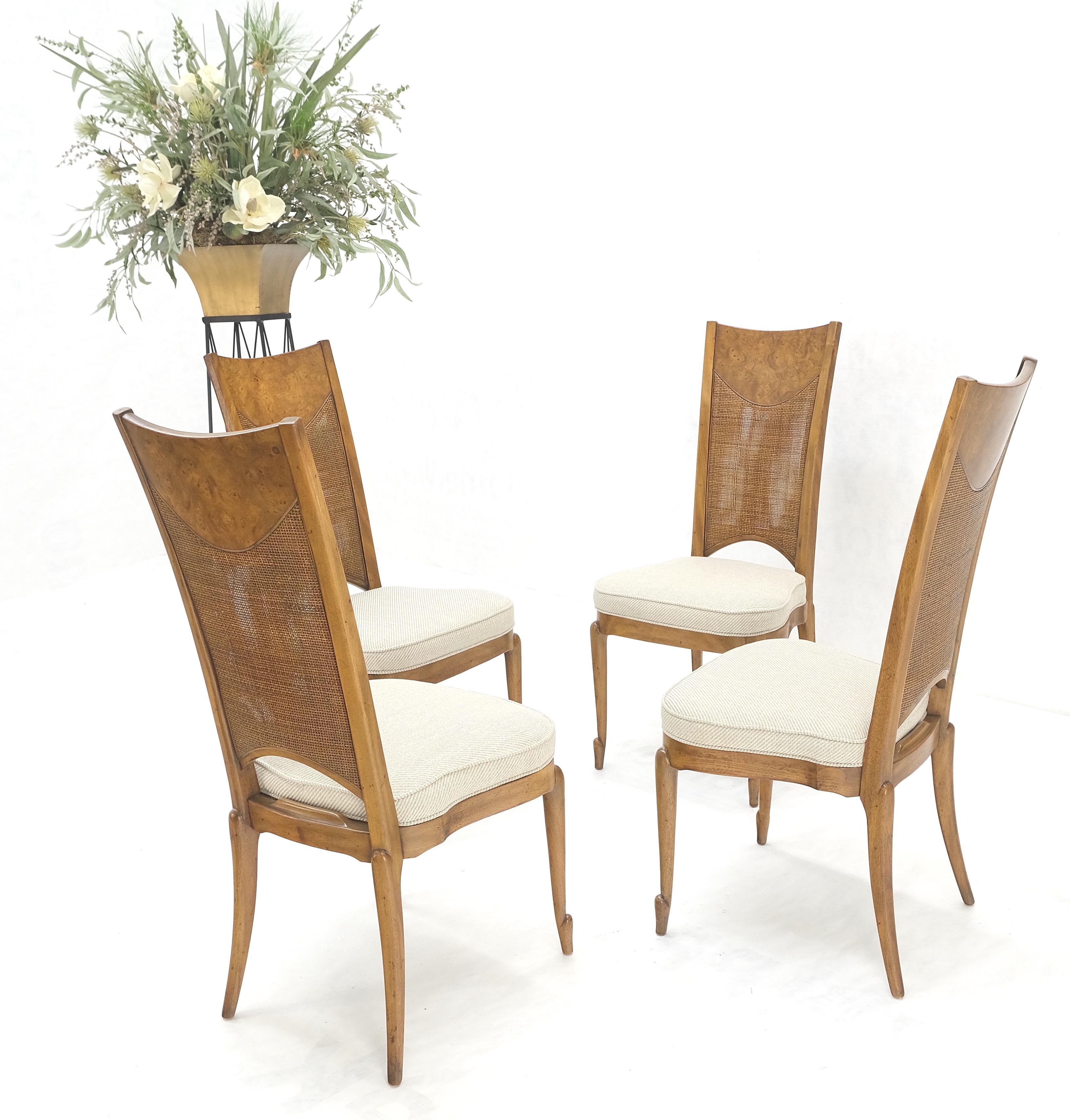 Lacquered Set 4 Burl Wood Cane Back NEW Upholstery Dining Chairs Mid Century Modern MINT! For Sale